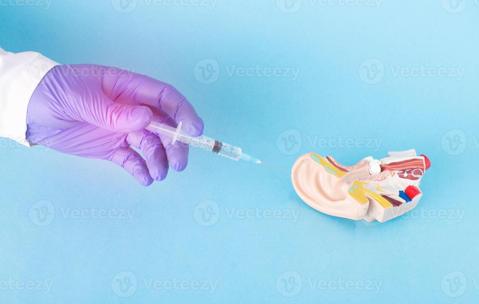 Otolaryngologist doctor holds a syringe on the background of the ear mock. Concept of flushing the earwax plugs, injecting drugs into the ear canal and taking a biopsy from the ear photo