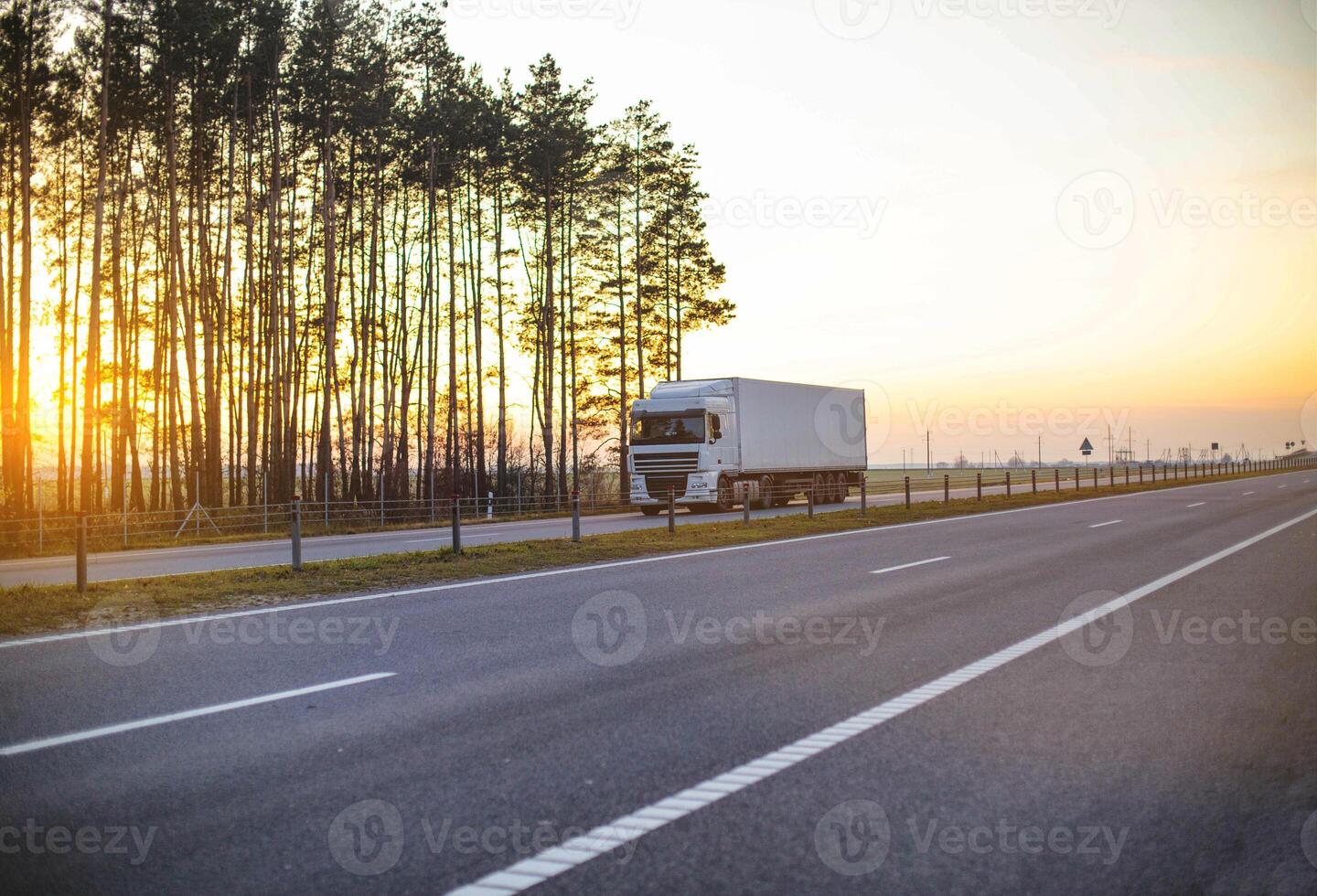 White truck with isotherm semitrailer transports frozen fruits and vegetables on the highway against the backdrop of a sunny sunset and forest. Perishable goods transportation concept photo