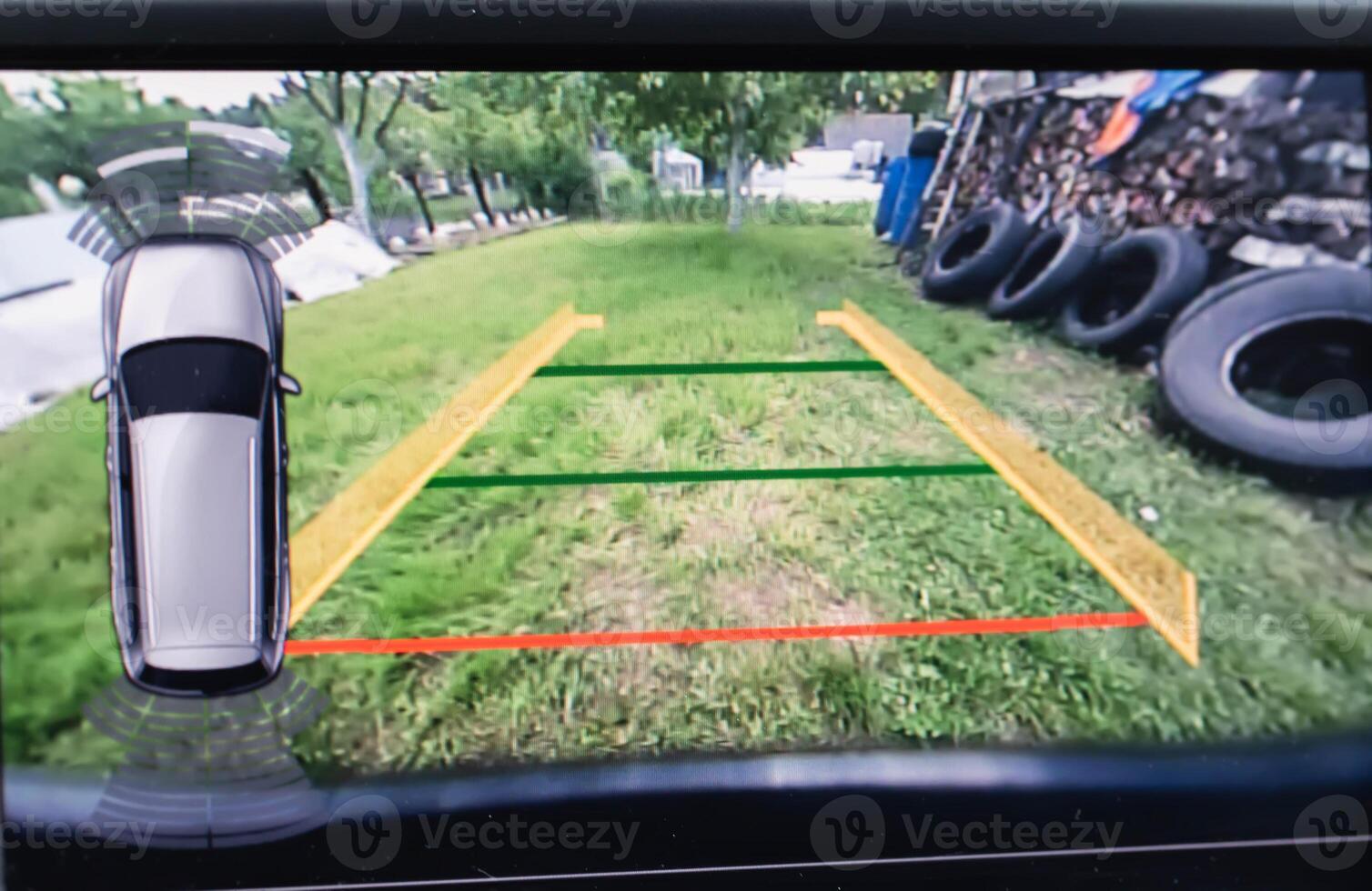 Car rear view camera monitor screen. Obstacle warning, road view, transportation photo
