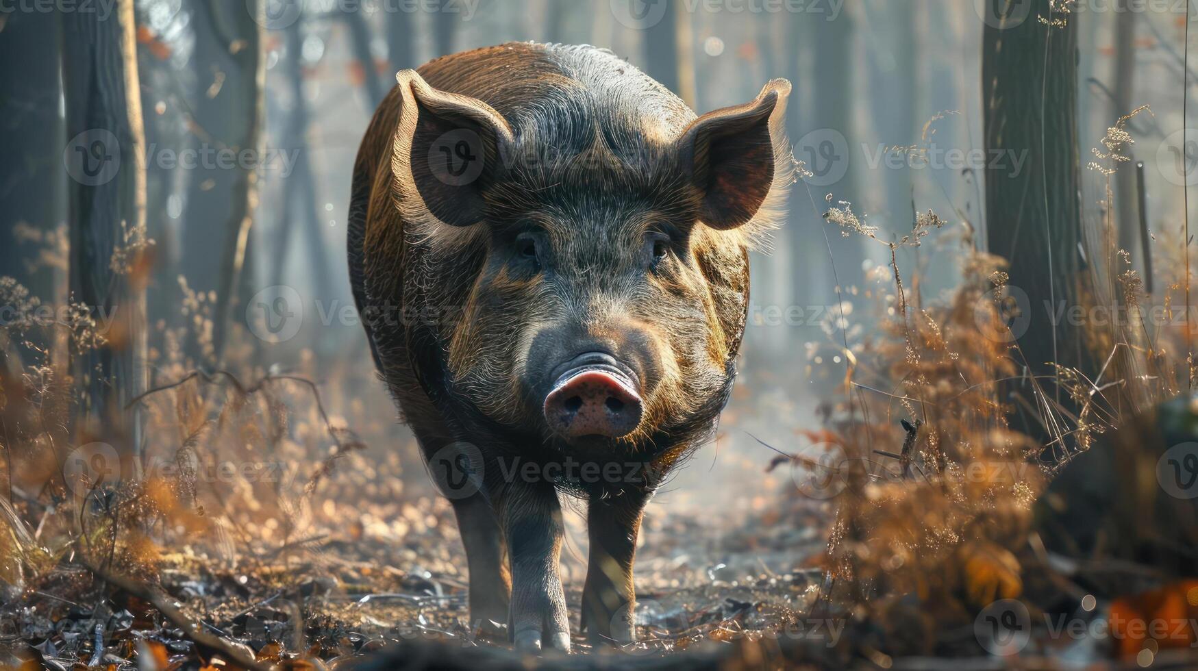 A single pig walking through a misty, wooded area during autumn. photo