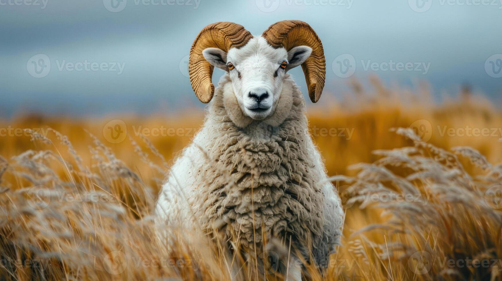 A cute and fluffy ram standing in a field of tall grasses, looking upwards. photo