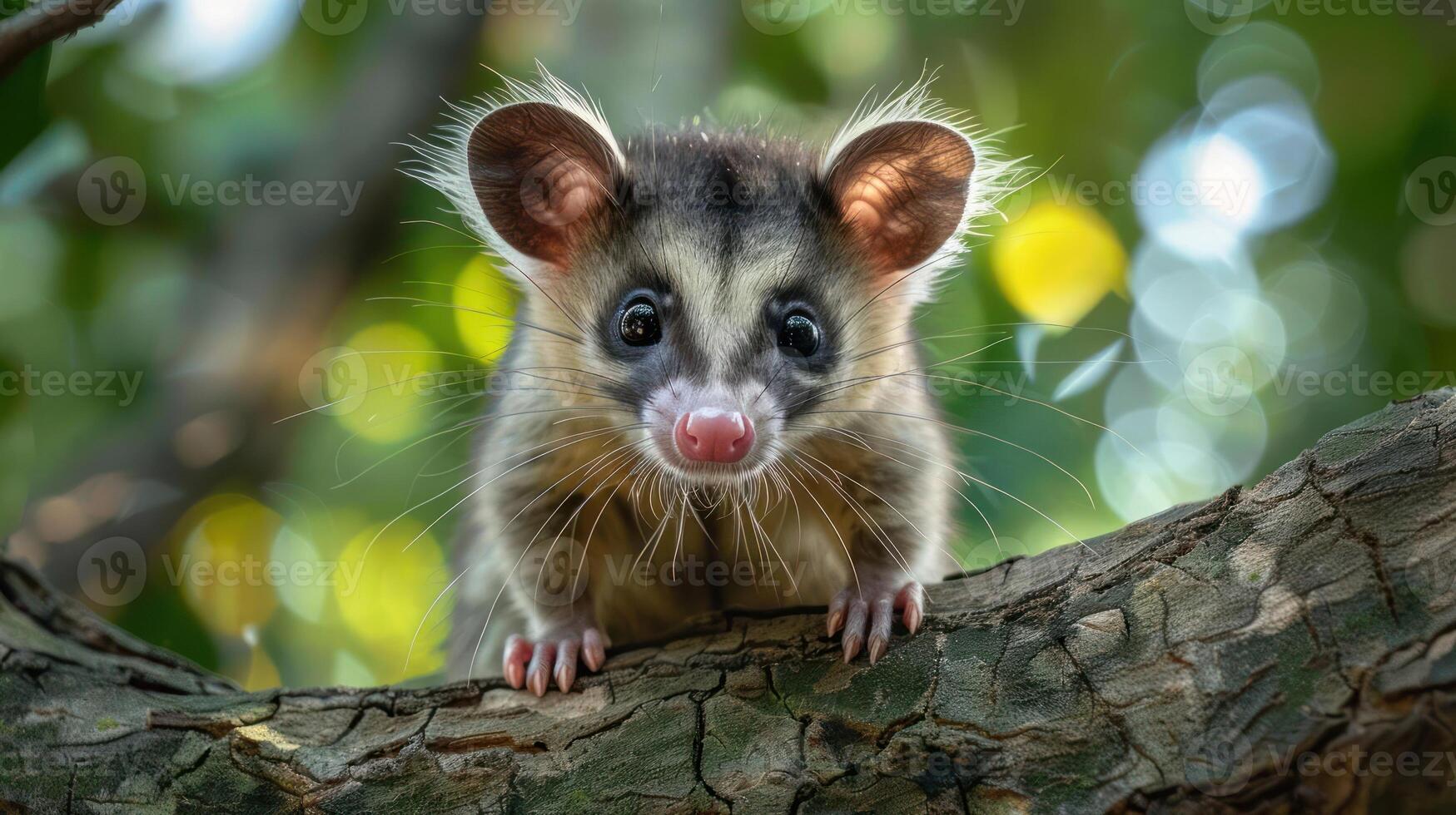 Adorable small rodent perched on a branch with green leaves, peeking out with its eyes wide and ears alert. photo