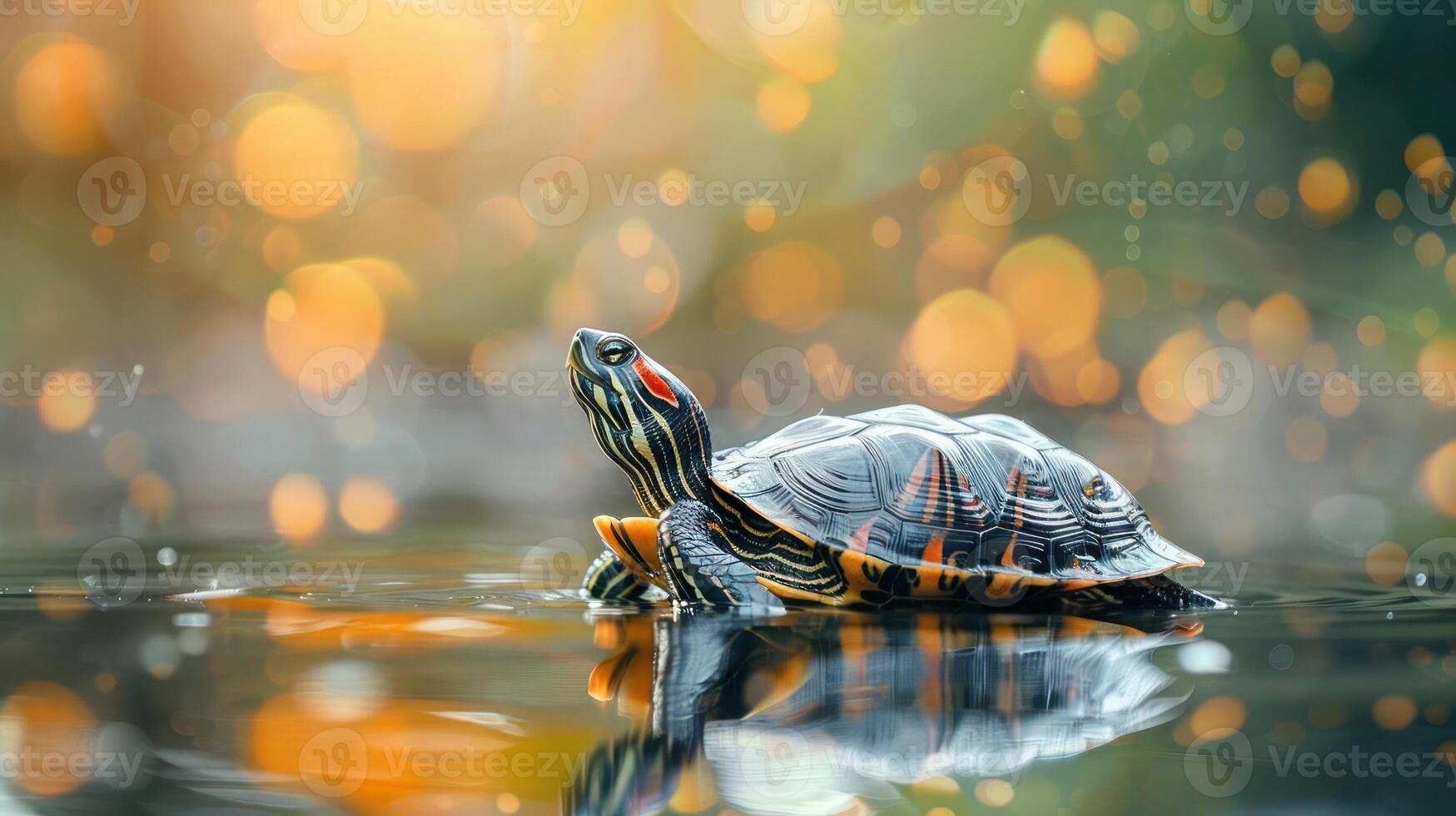 A turtle is swimming through a body of water with flare-like reflections and softly blurred background, emphasizing the calm environment. photo