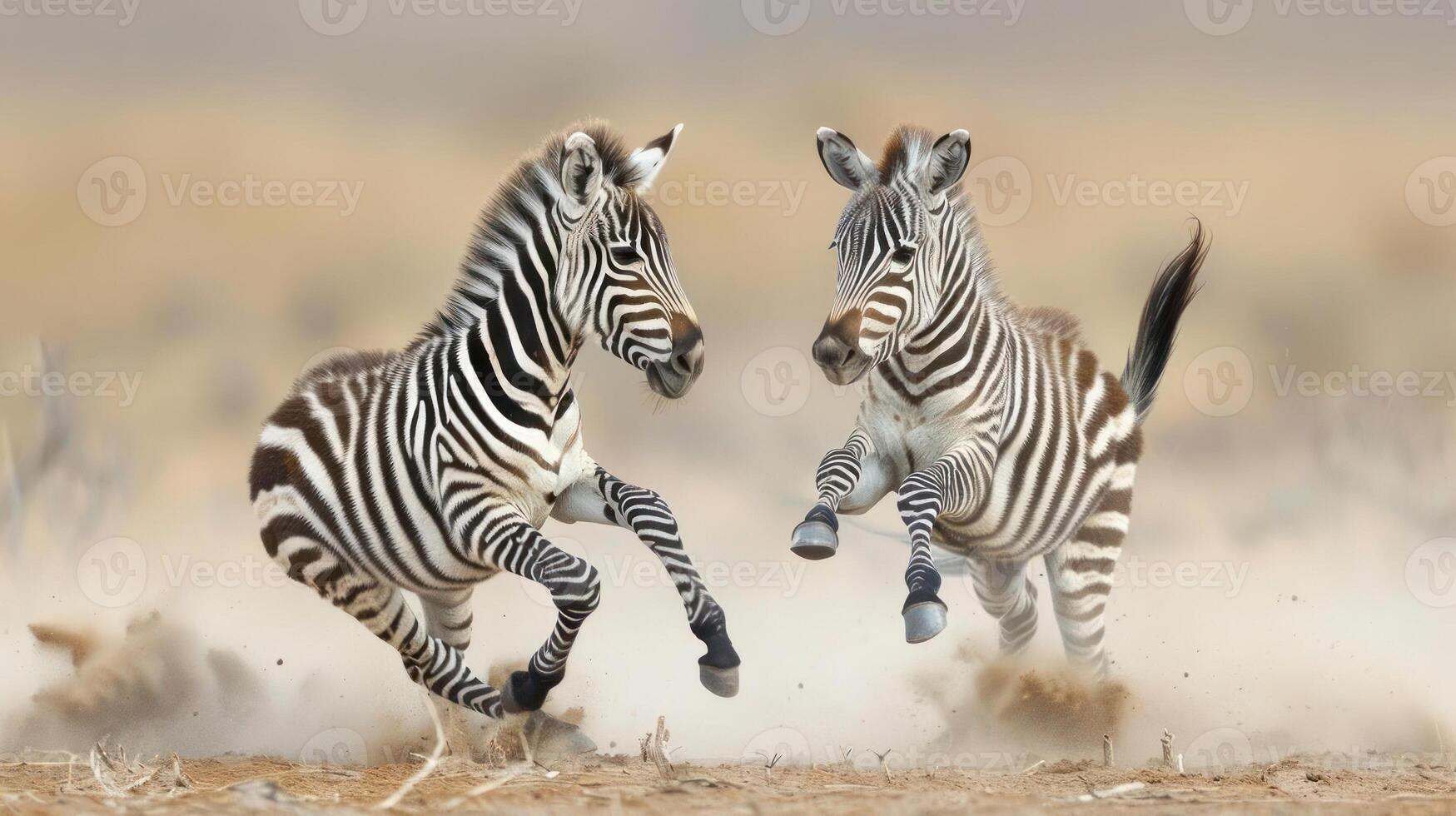 Two zebras in a field running side by side, possibly facing each other. photo