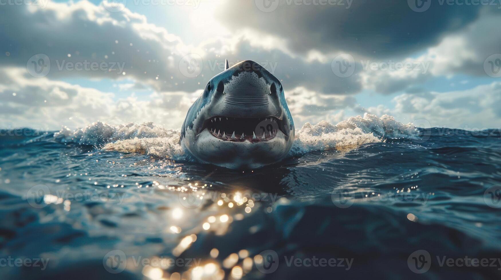a shark close to the surface of the ocean, captured from below. photo