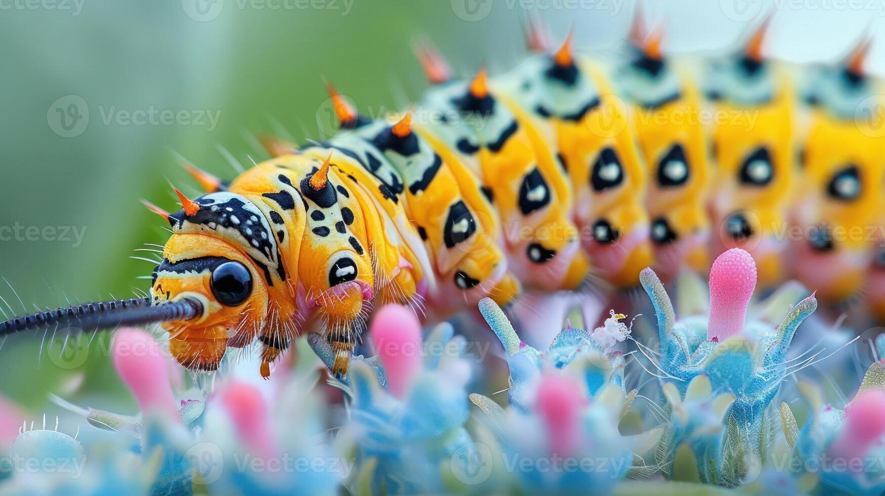 A close-up image of a colorful caterpillar covered in small spikes, resting on a flower bed. photo