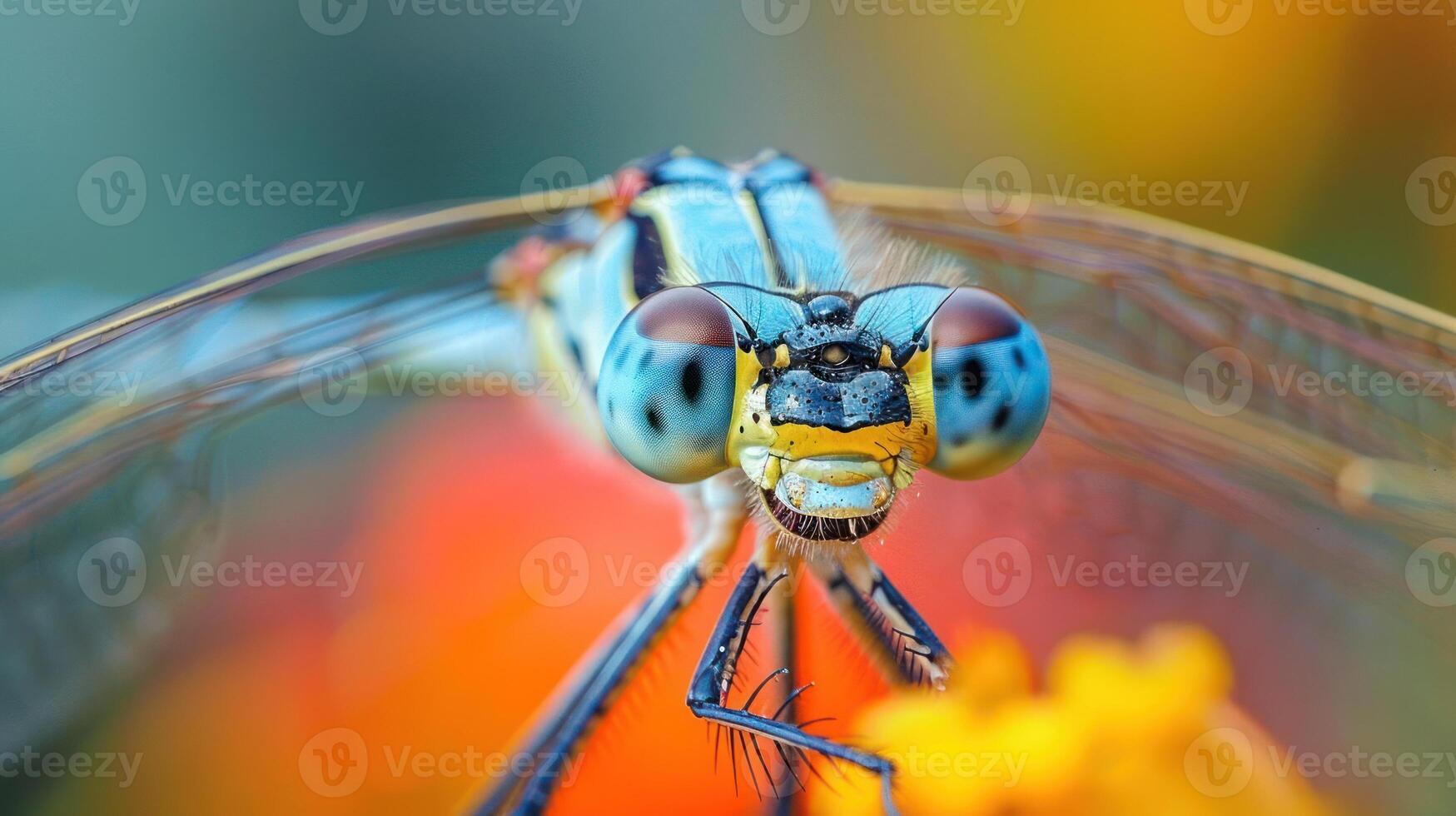 A close-up image of a colorful dragonfly hovering over vibrant flowers. photo