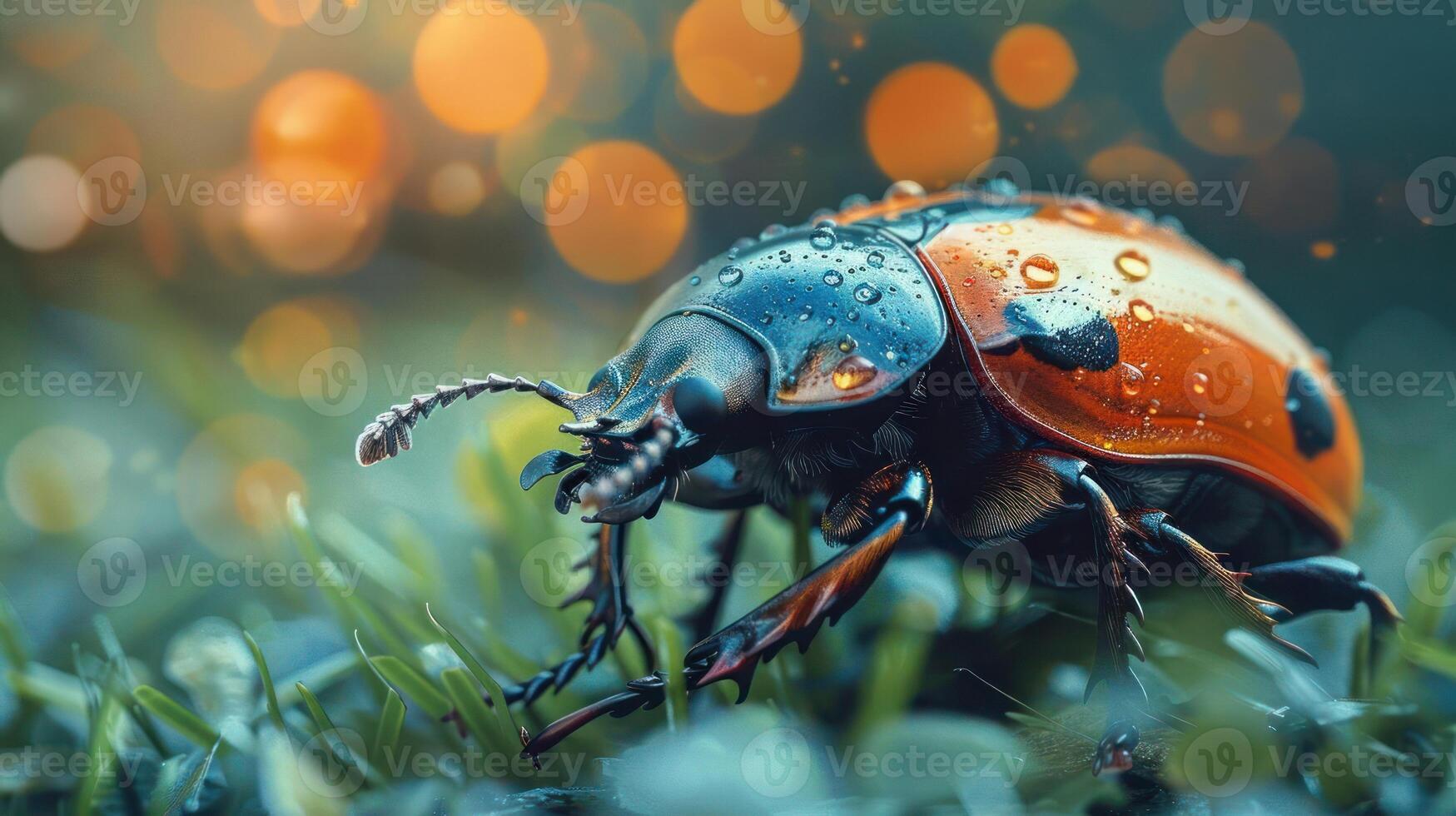 A vibrant orange and black ladybug on a green grassy surface, surrounded by blurred bokeh circles, evoking a sense of tranquility. photo