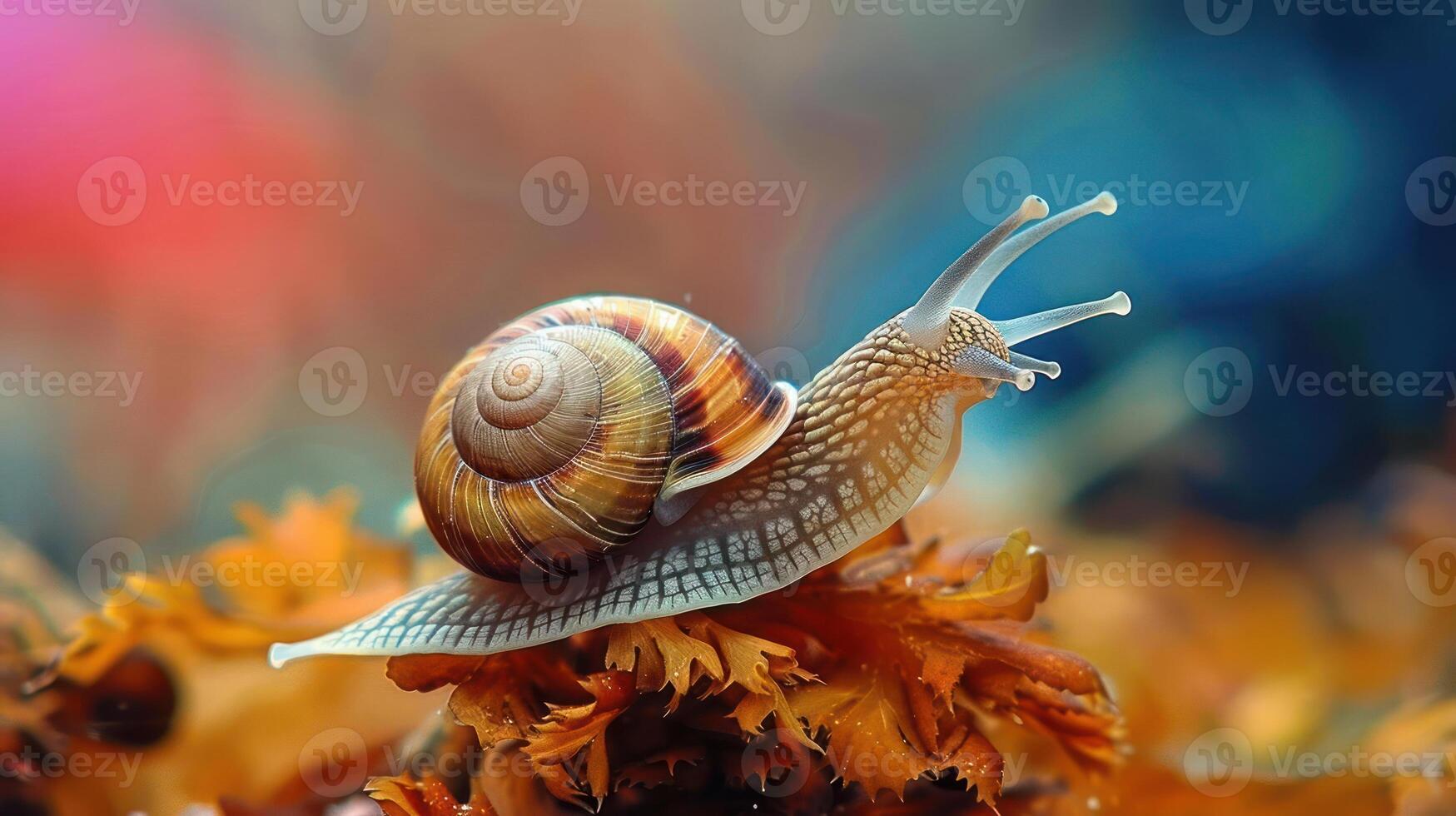 A close-up view of a sea snail moving through the underwater kelp forest. photo