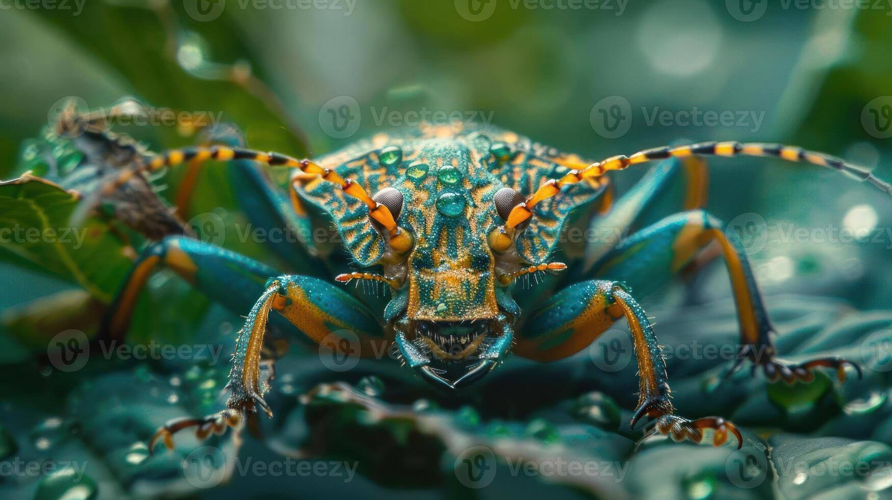 A vibrant insect resting on green leaves. photo