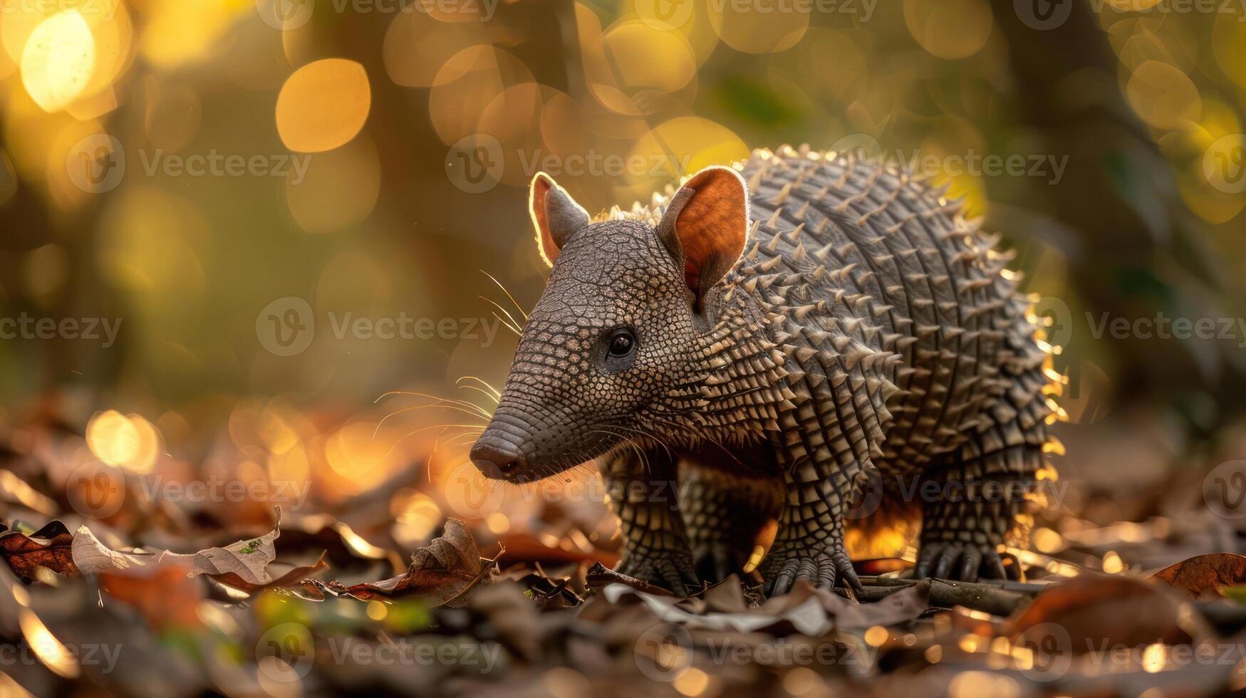 A cute dwarf animal walking on a leaf-covered forest floor during sunset. photo
