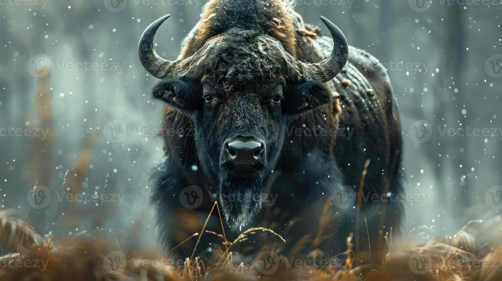 A buffalo standing in the snow, gazing forward with its fur and horns visible. photo