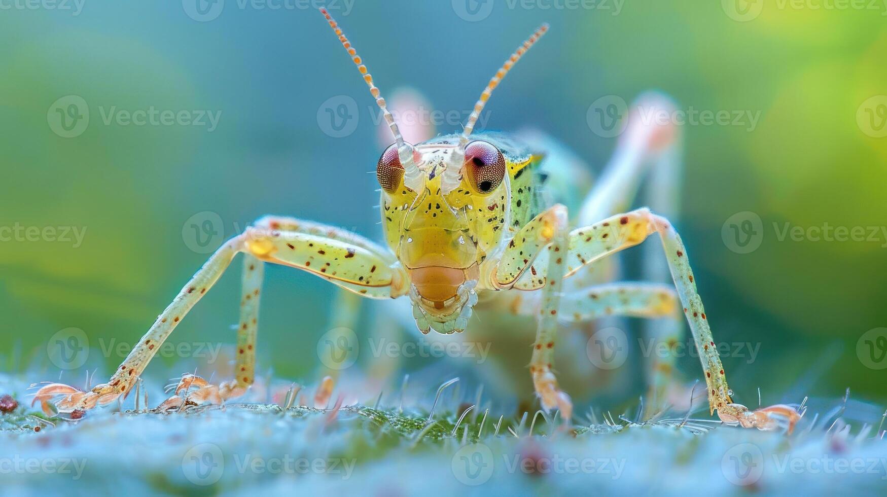 A vivid close-up shot of an insect near a plant leaf. photo