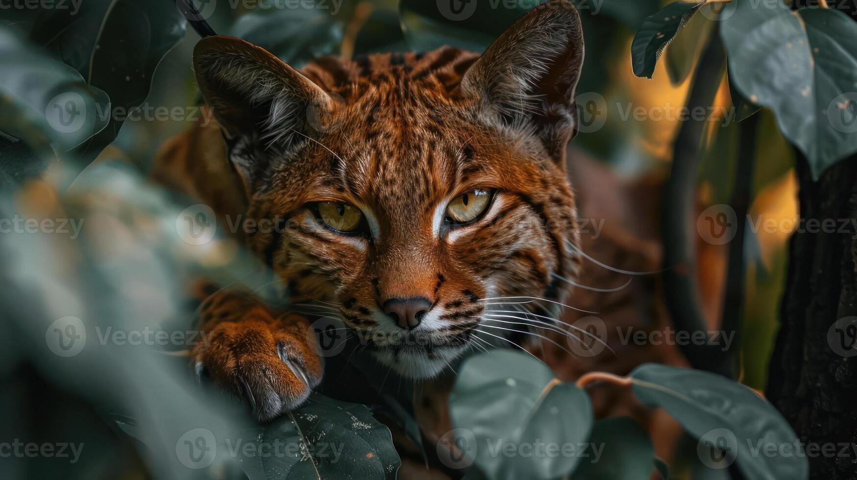 A beautiful wild cat peeks from the foliage, its gaze fixed on something unseen in the distance. photo