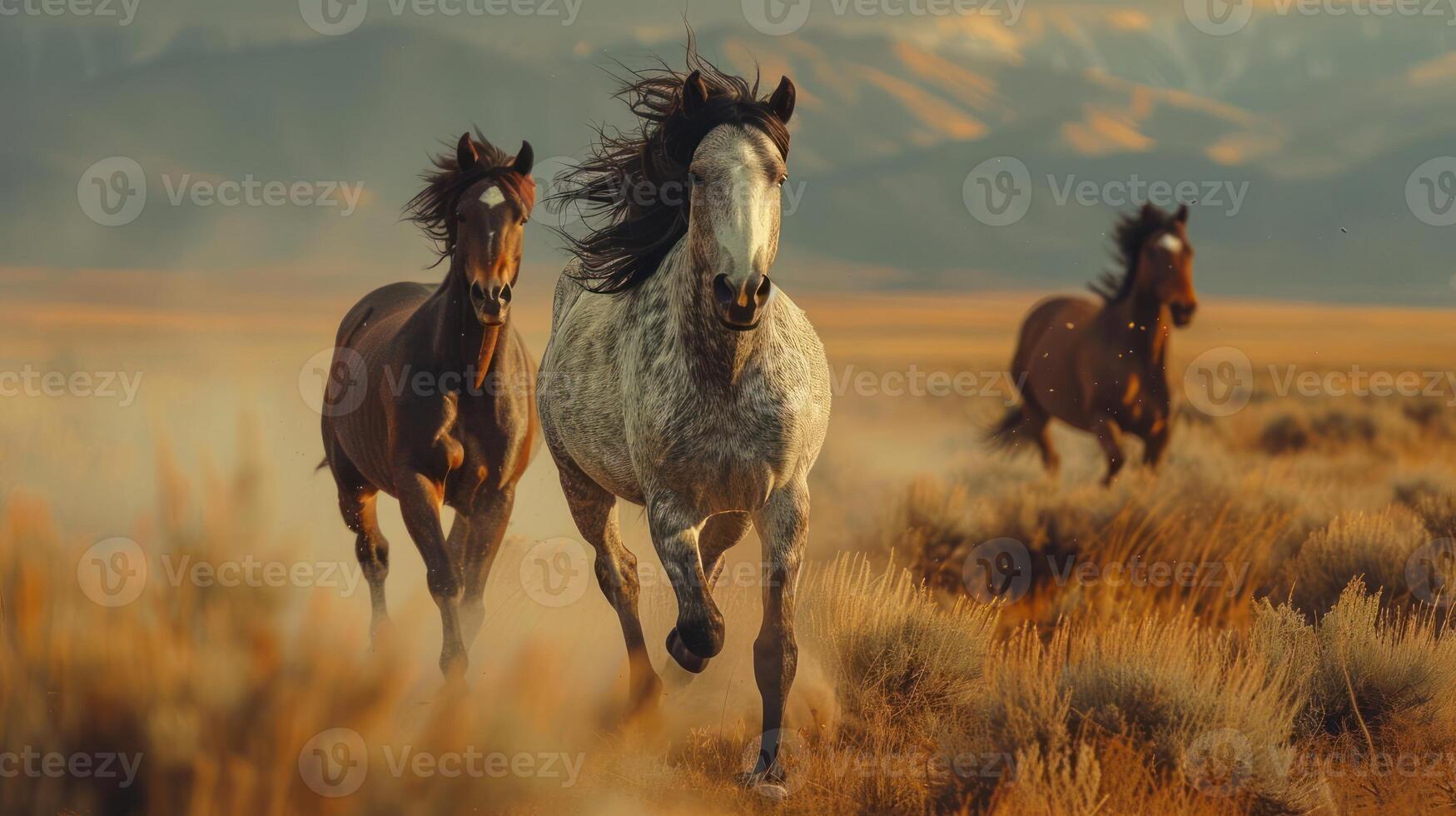 Two galloping horses through a desert landscape. photo