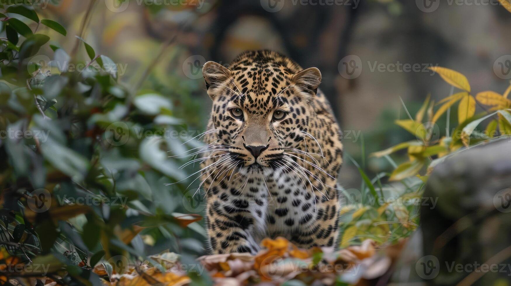 Two cheetahs standing in the jungle, one adult and one young cub. They appear alert, with leaves falling around them. photo