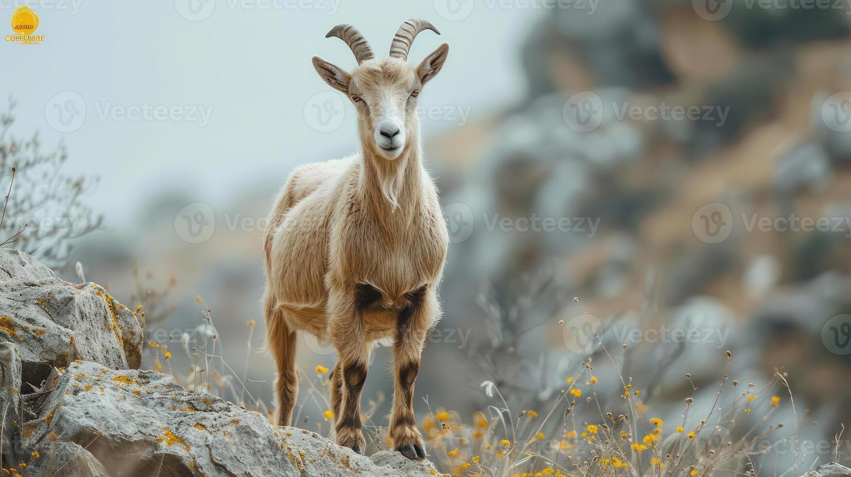 A mountain goat stands on rocks in a rugged landscape. photo