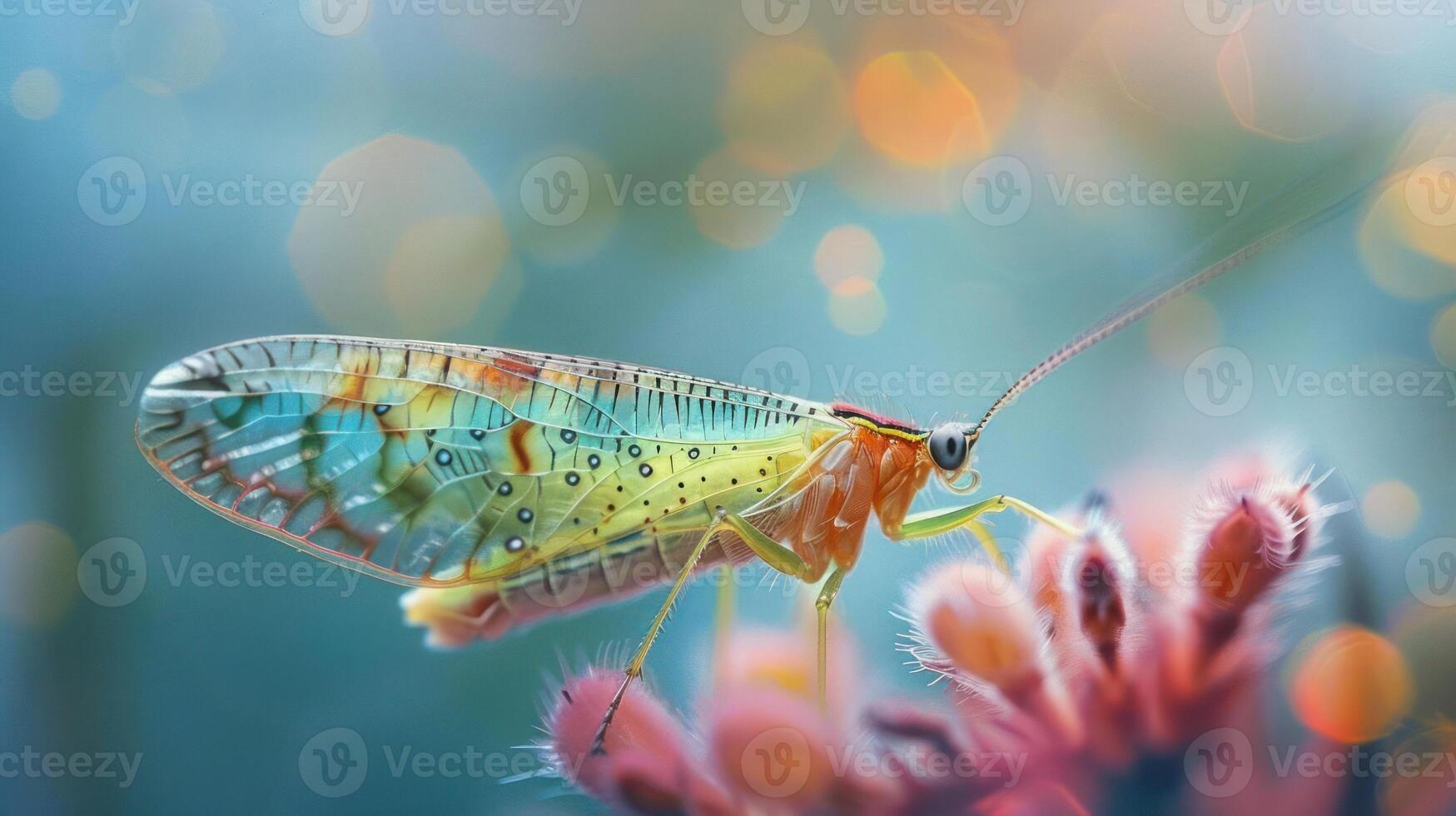 A vividly colored dragonfly perched on a pink flower with an out-of-focus blurred background. photo