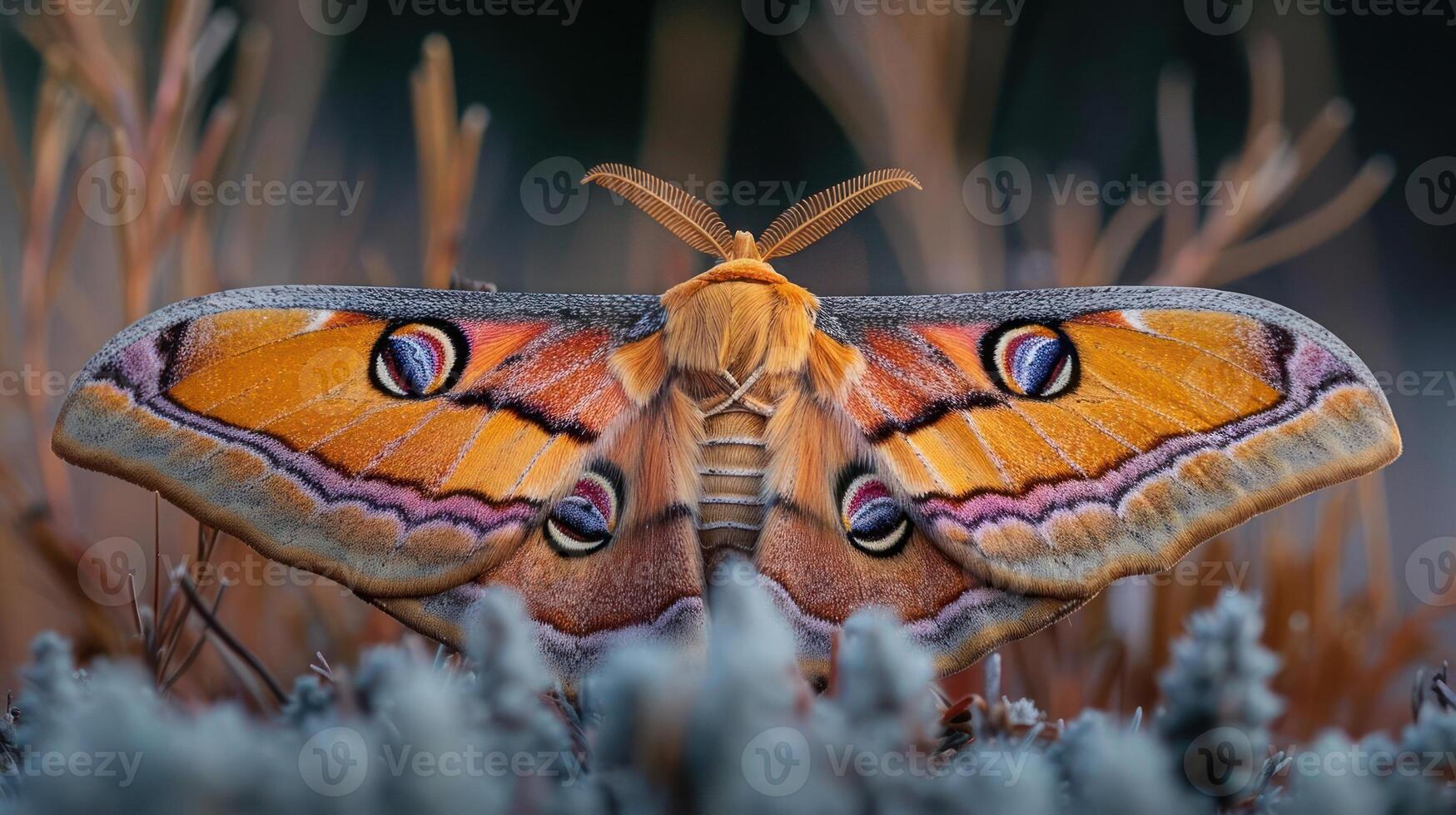 Two close-up images of a butterfly perched on straw. photo