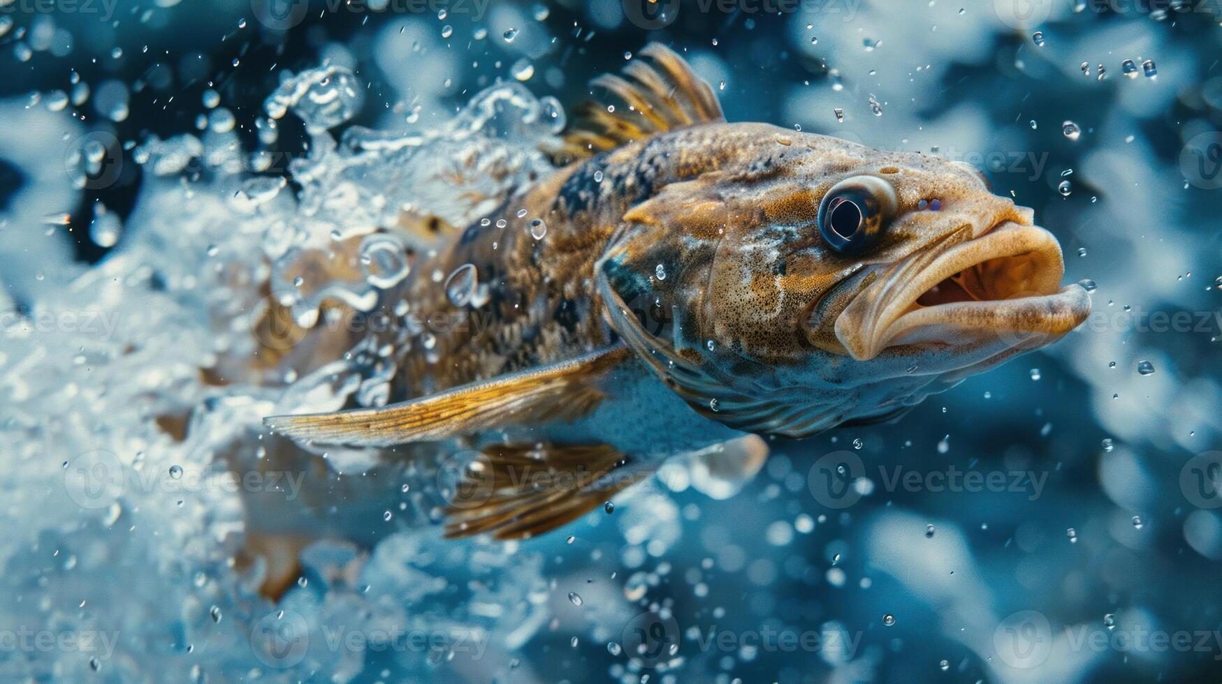 A close-up image of an angry fish with open mouth and sharp teeth, captured underwater. photo
