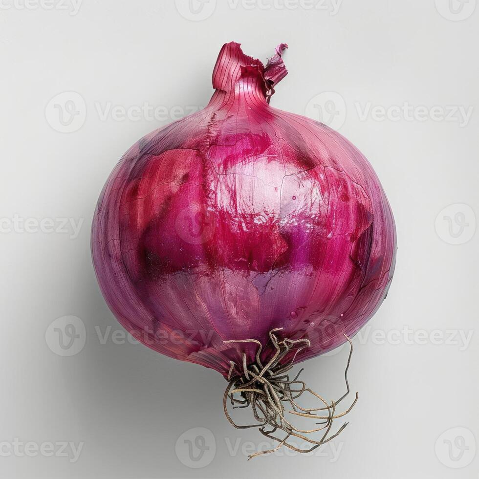 Vibrant purple onion with a glossy surface, photographed against gray background. photo