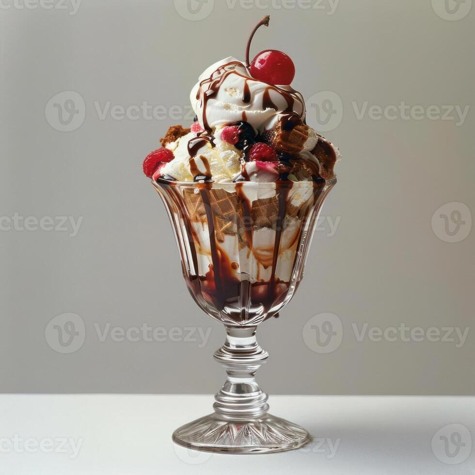 A fancy ice cream sundae in a metal tray, topped with whipped cream and cherries. photo