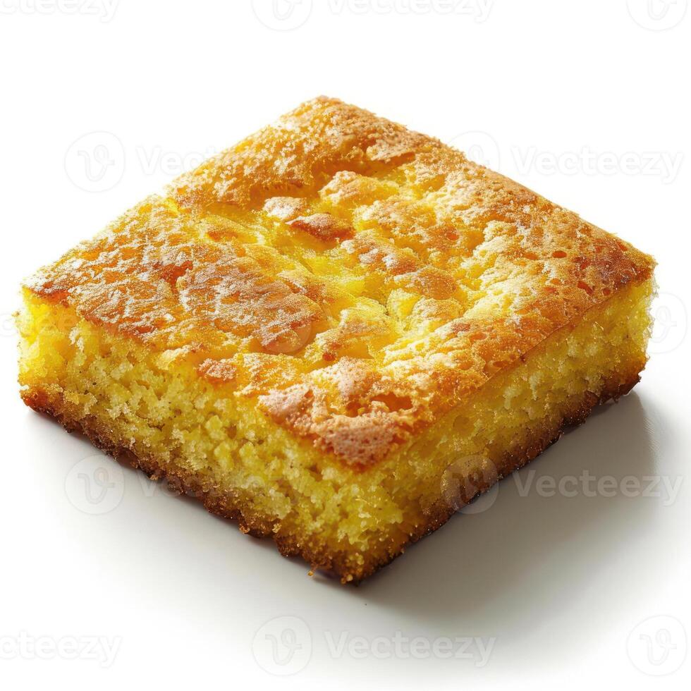 A slice of yellow cake, likely from a layered dessert such as a cheesecake or sponge cake. photo