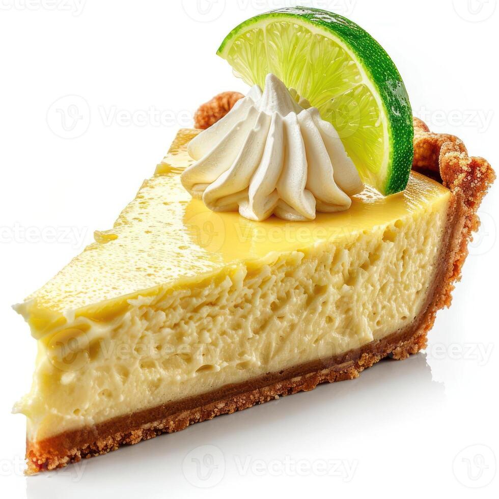 A slice of cheesecake topped with a fresh lime wedge, whipped cream, and garnish. photo