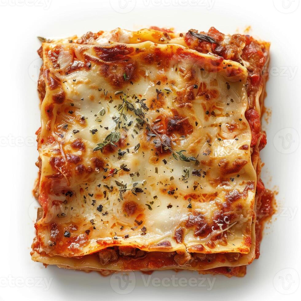 A square of lasagna on a white surface, ready to be served. photo