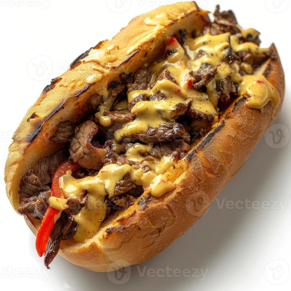 Cut view of a steak sandwich topped with cheese, peppers, and sauce. photo