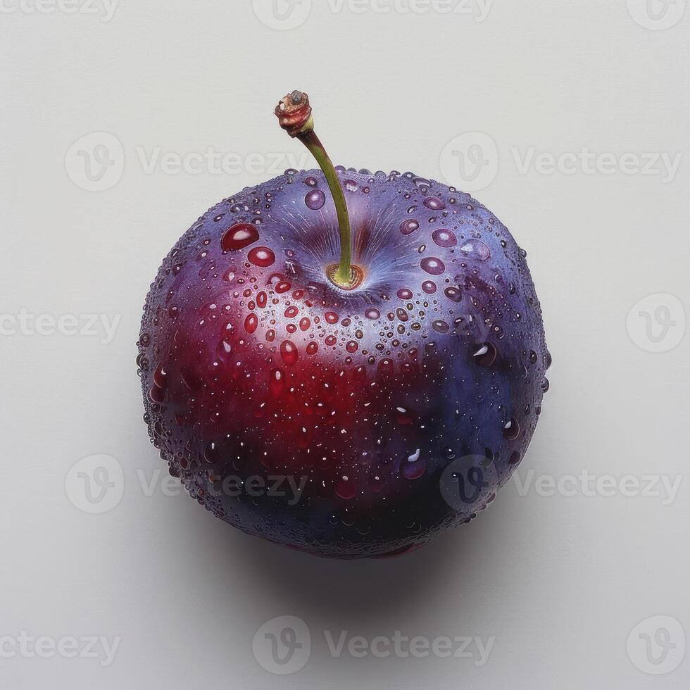 A purple and red apple with drops of water on it, suggesting recent rainfall. photo