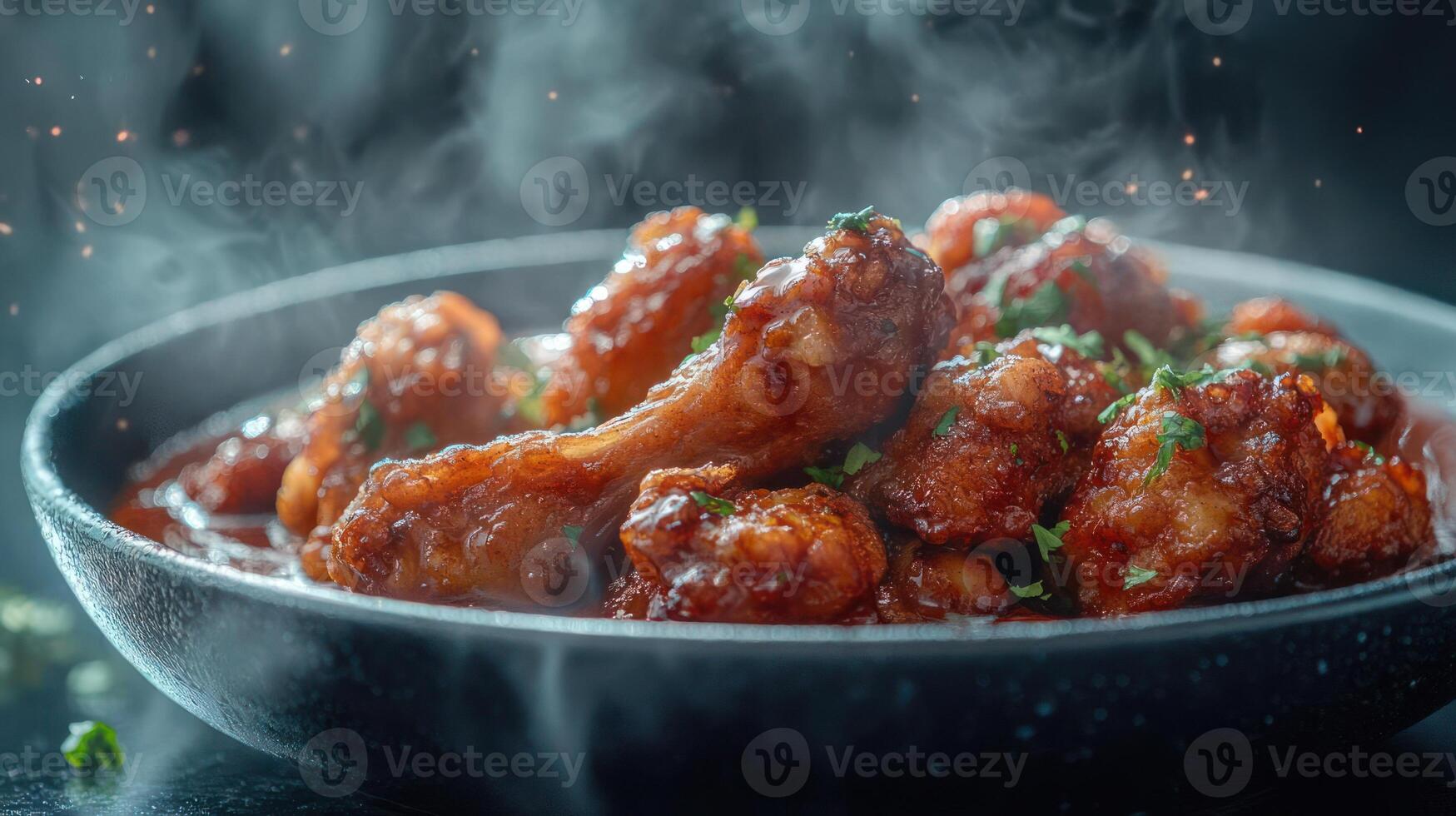 Delicious looking chicken wings in a rich red sauce, ready to be enjoyed. photo