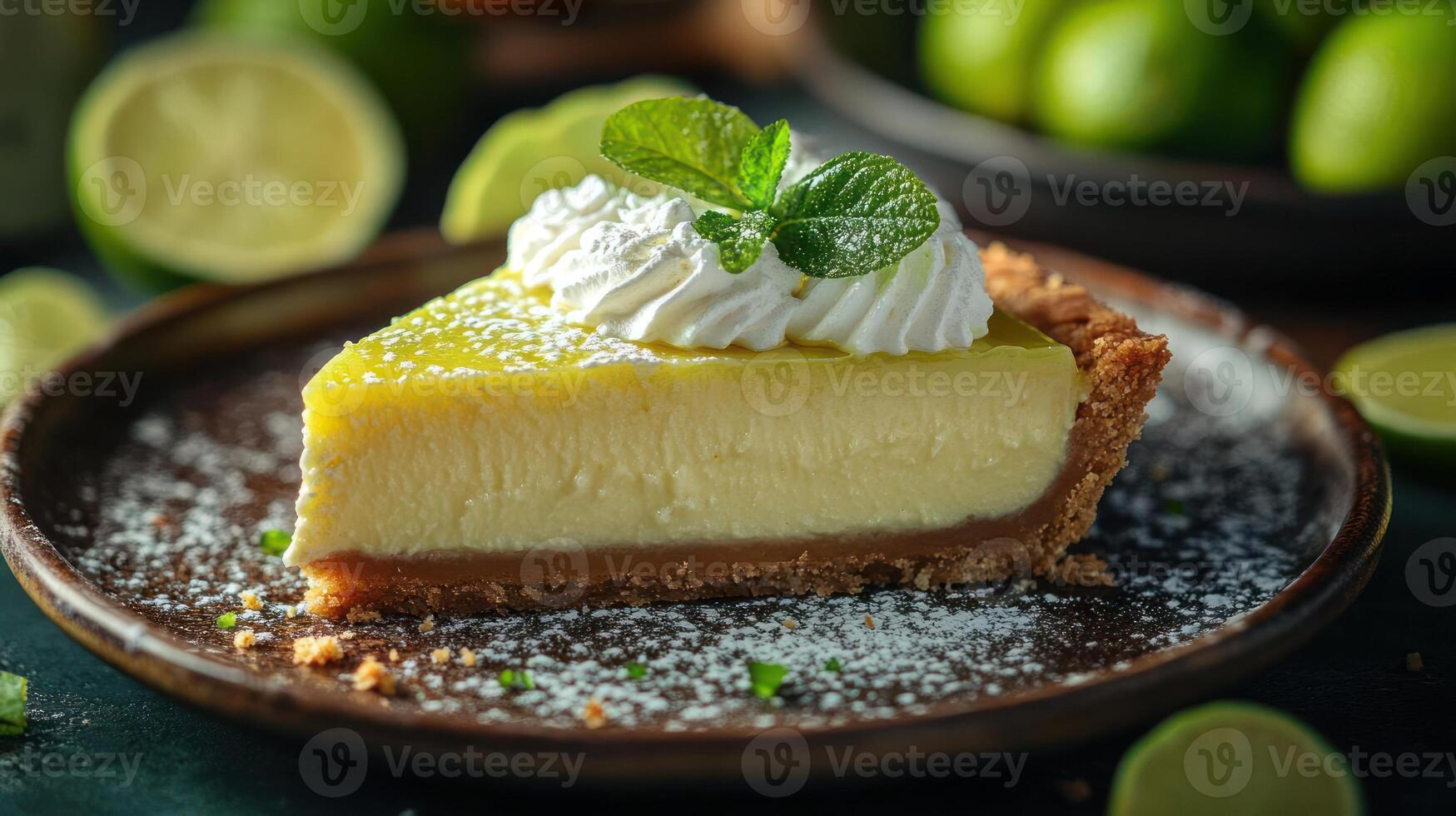 A delectable slice of Cubano cheesecake with whipped cream and lime garnish. photo