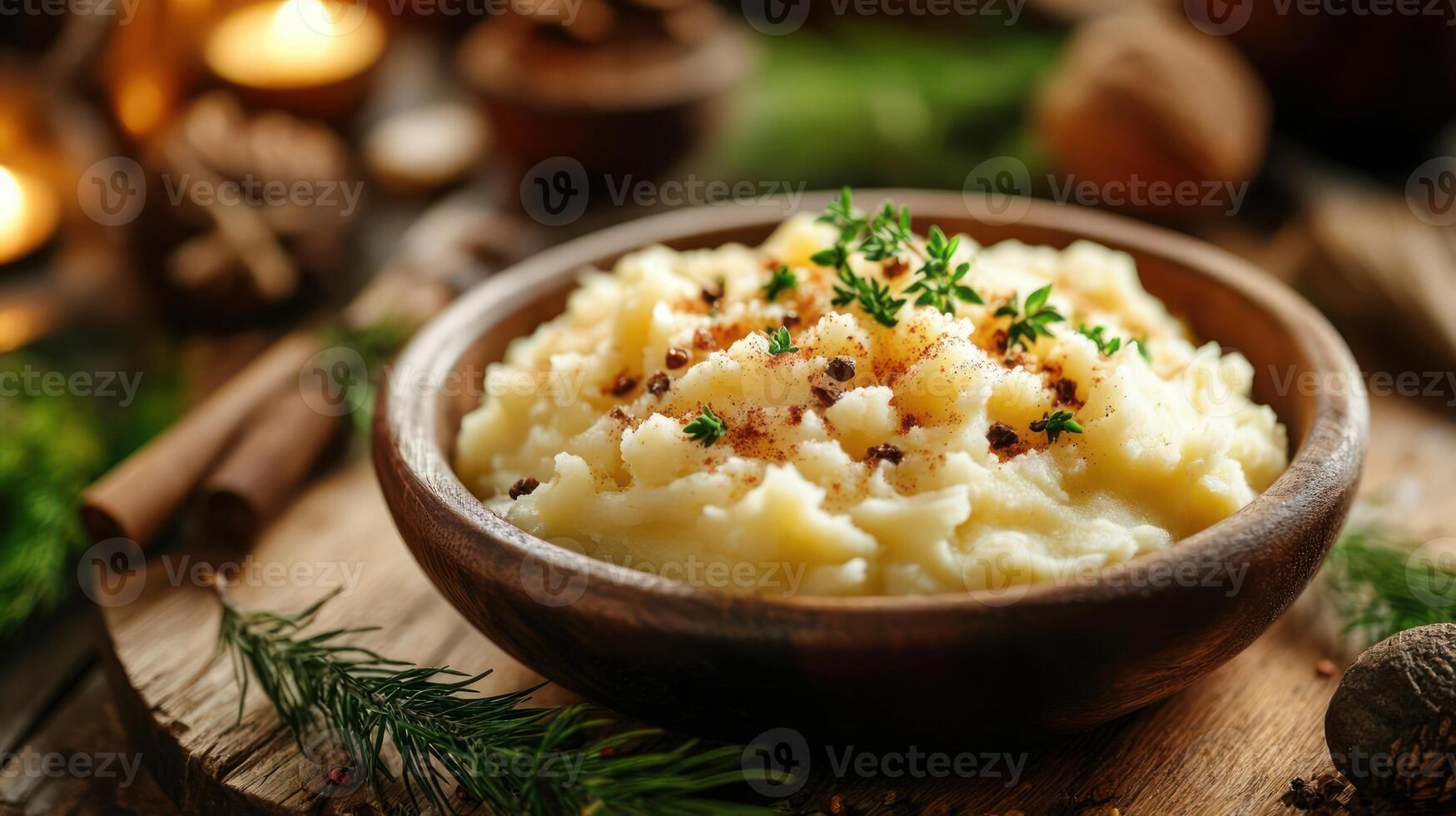 Homemade mashed potatoes served in a wooden bowl, topped with fresh herbs and garnished with cranberries. photo