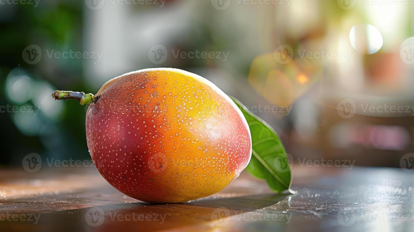 Peach fruit with green stem on a table in sunlight, close-up shot. photo