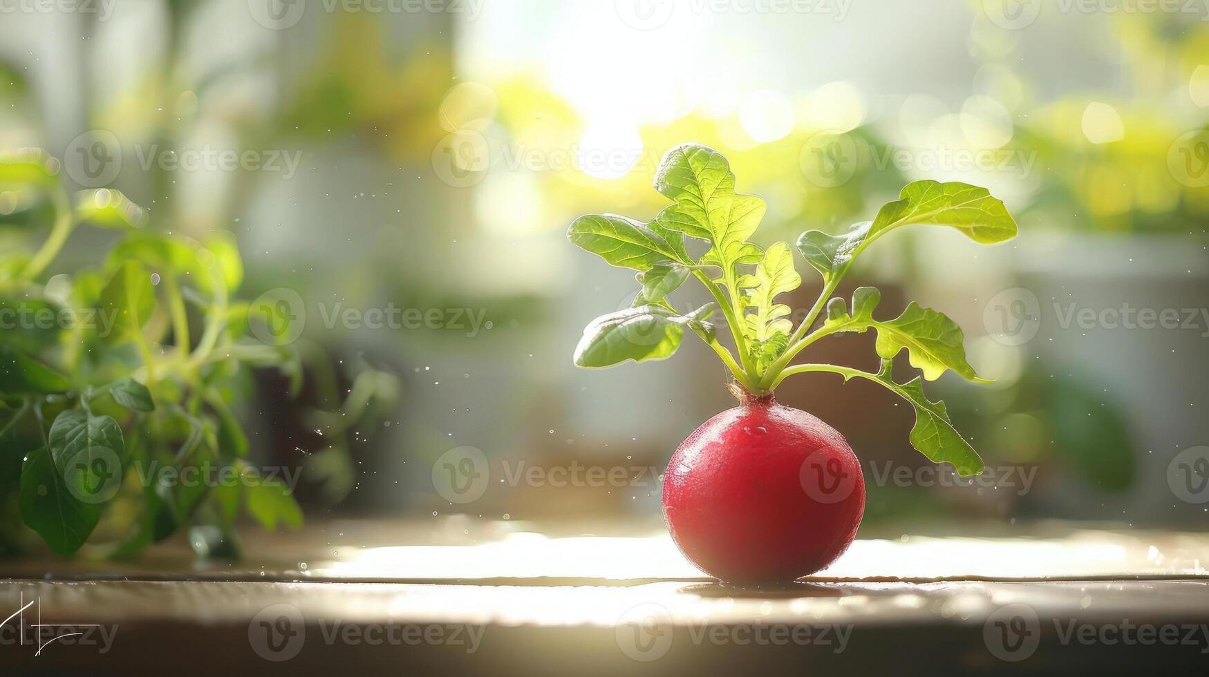 A small garden plant sprouting from a red radish root, showing the growth of a young seedling. Green plants and soil in the background. photo