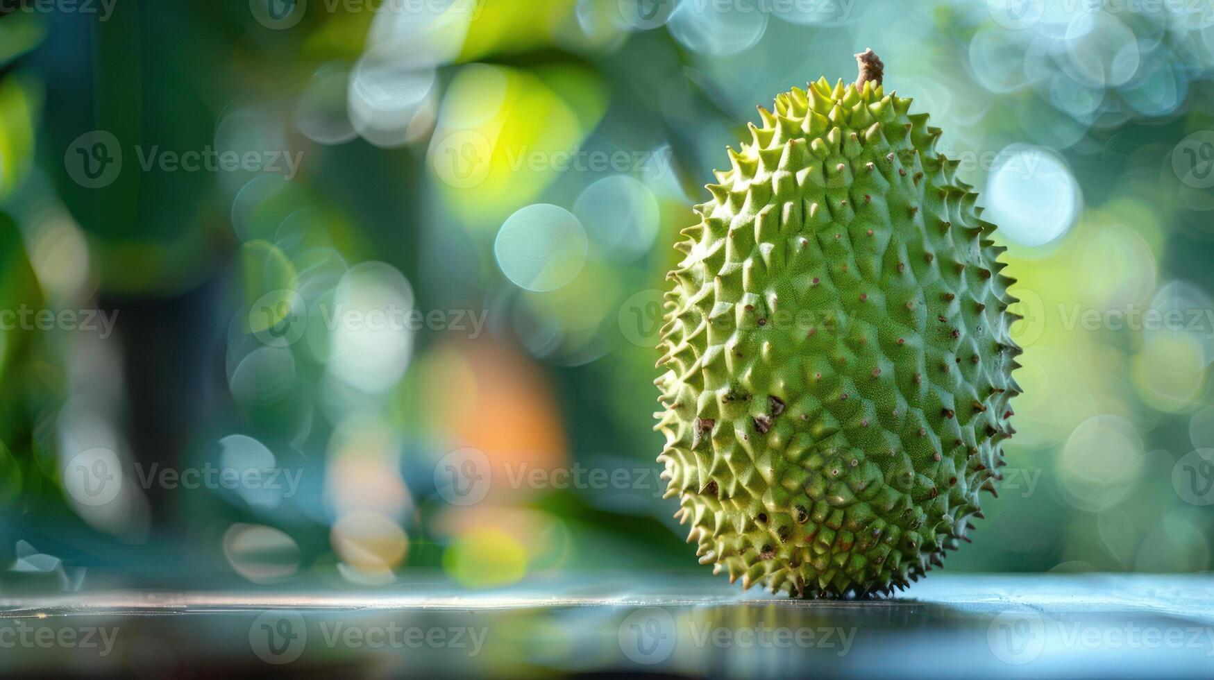 A tree with a cluster of ripe durians on it, showing the fruit's texture and growth stage. photo