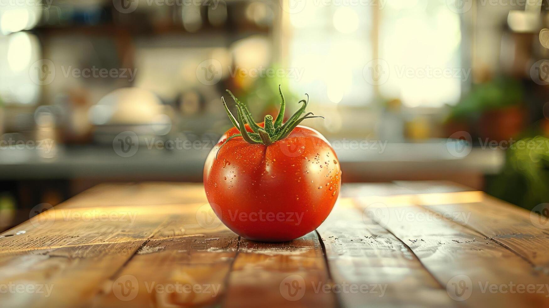 A ripe tomato sits on a wooden table, ready to be enjoyed. photo