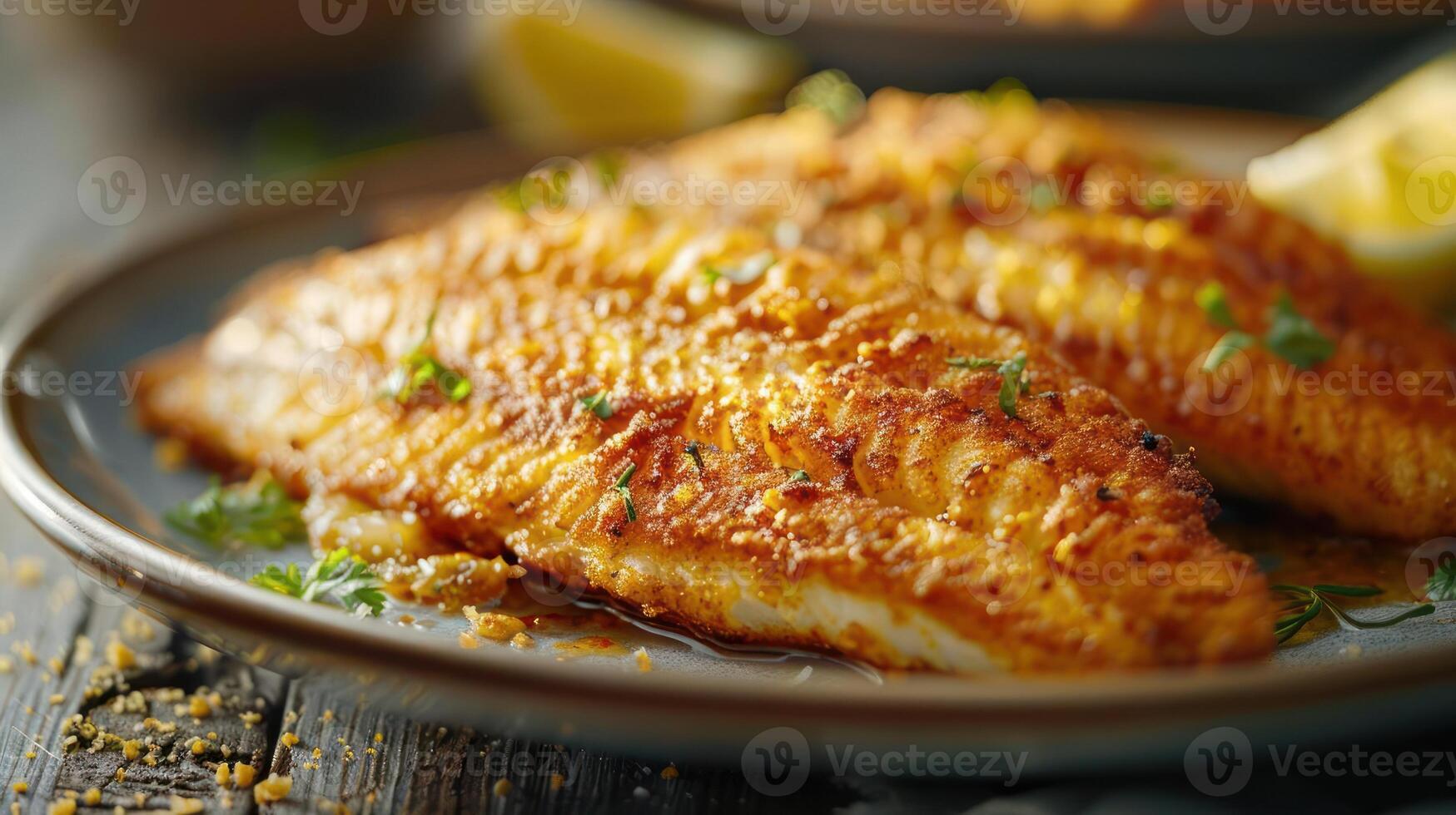 Plate of crispy fried fish garnished with lemon zest and dill, served on wooden surface. photo