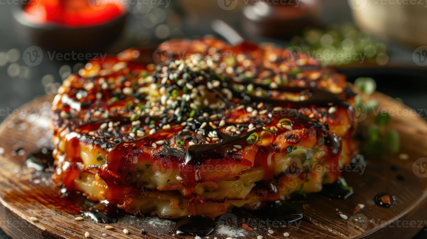 Sushi Burger with sesame seeds on a wooden cutting board, drizzled in sauce, and garnished with wasabi toothpicks. photo