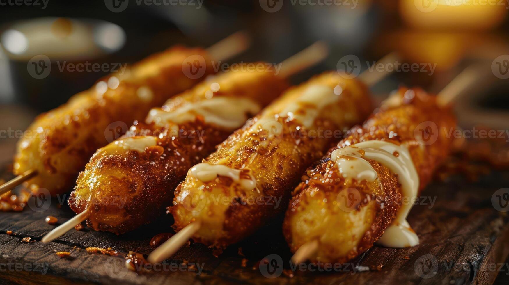 Tasty looking grilled shrimp skewered with toothpicks, likely served with a sauce for dipping. photo