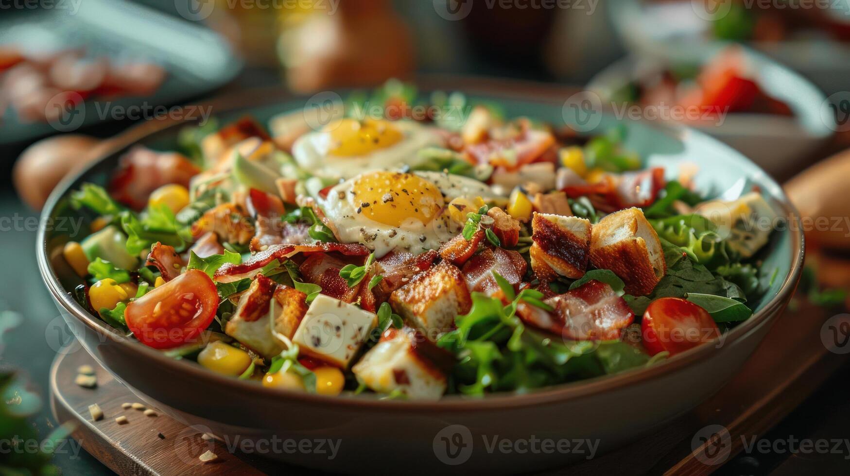A delicious and hearty breakfast dish with bacon, sweet potatoes, eggs, spinach, cilantro, and chili sauce. photo