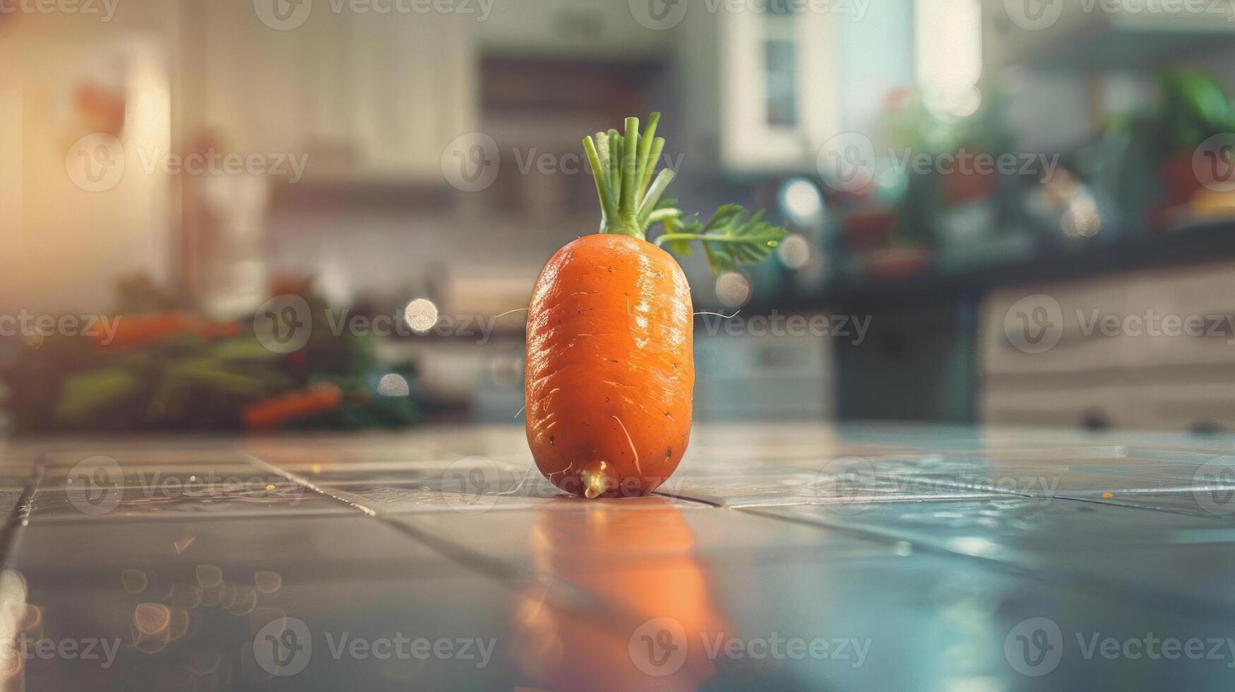 Carrot shaped like a gourd, with stems and leaves, placed on kitchen counter. photo
