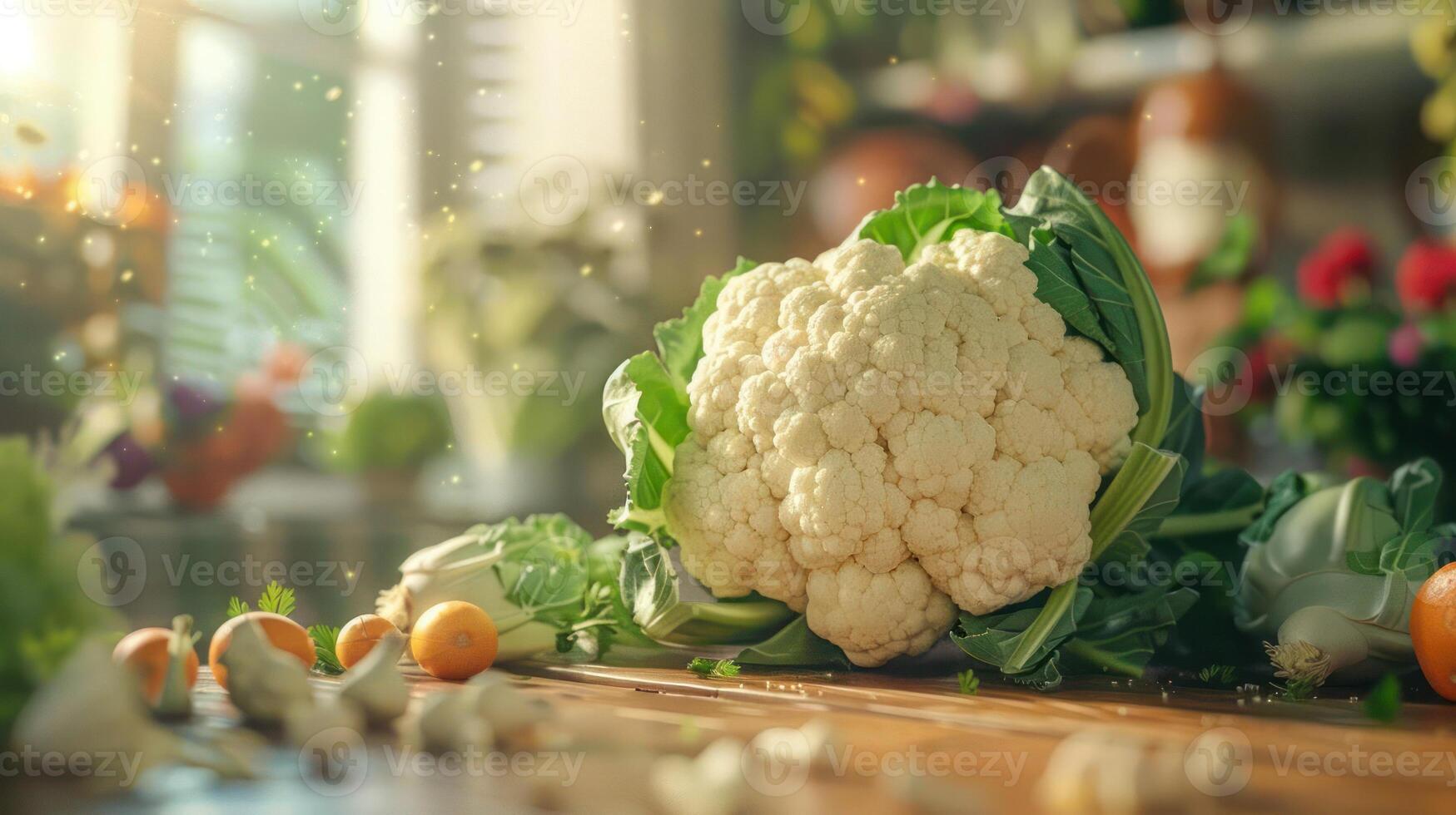 A close-up of a fresh bunch of cauliflower with other vegetables in the background. photo