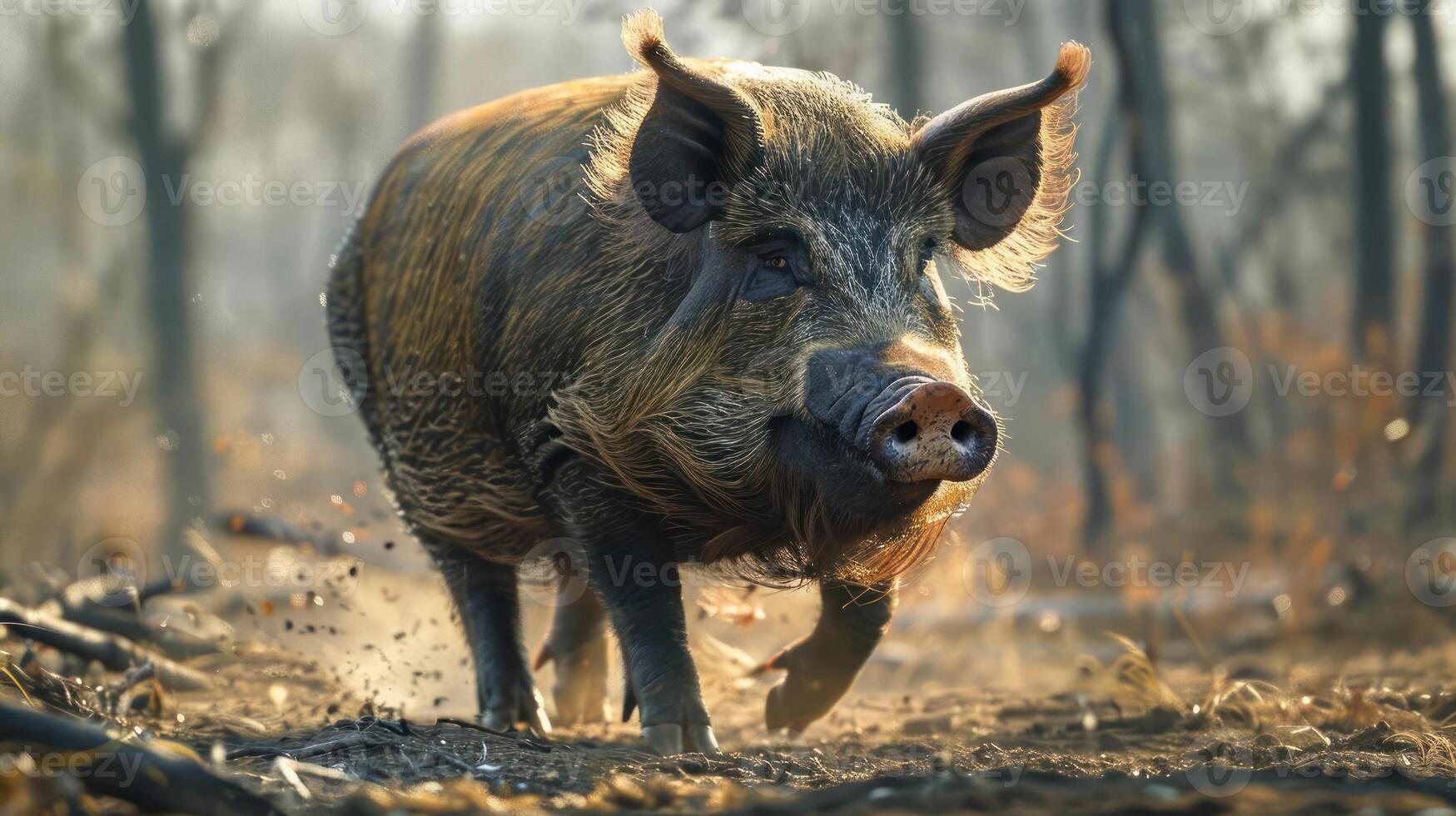 Wild pig running in a wooded area, likely after a fire. photo