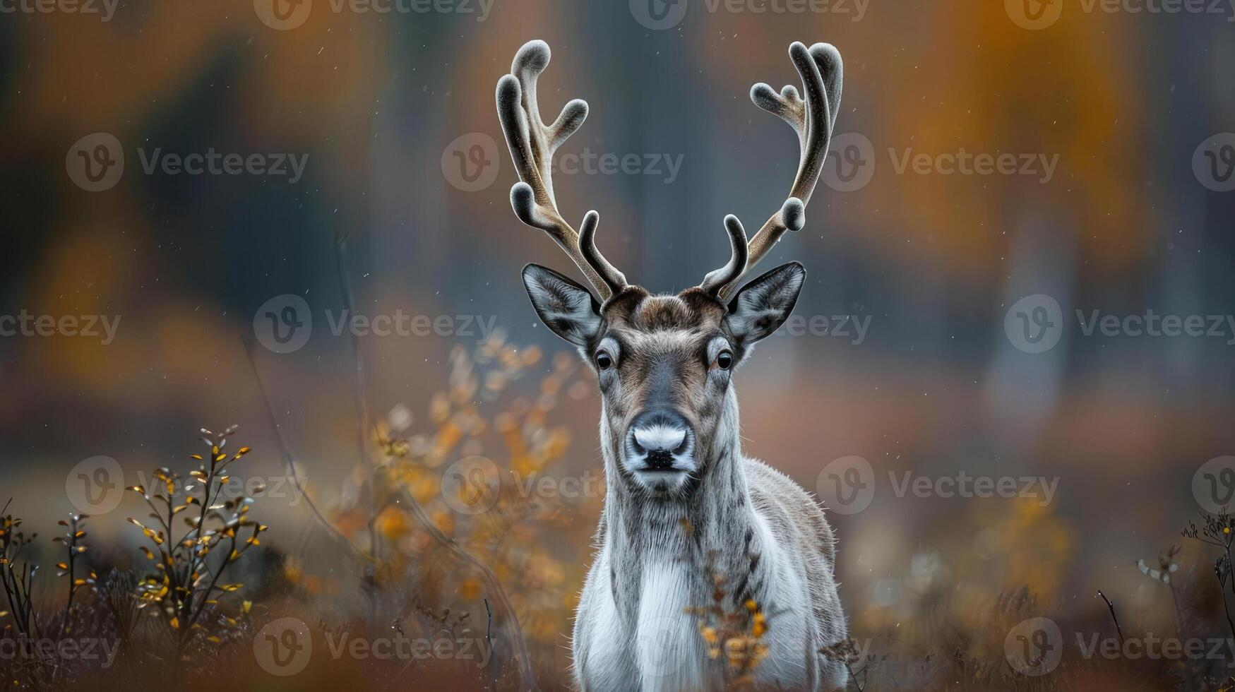 A majestic reindeer standing among a beautiful autumn forest with orange foliage and mist. photo