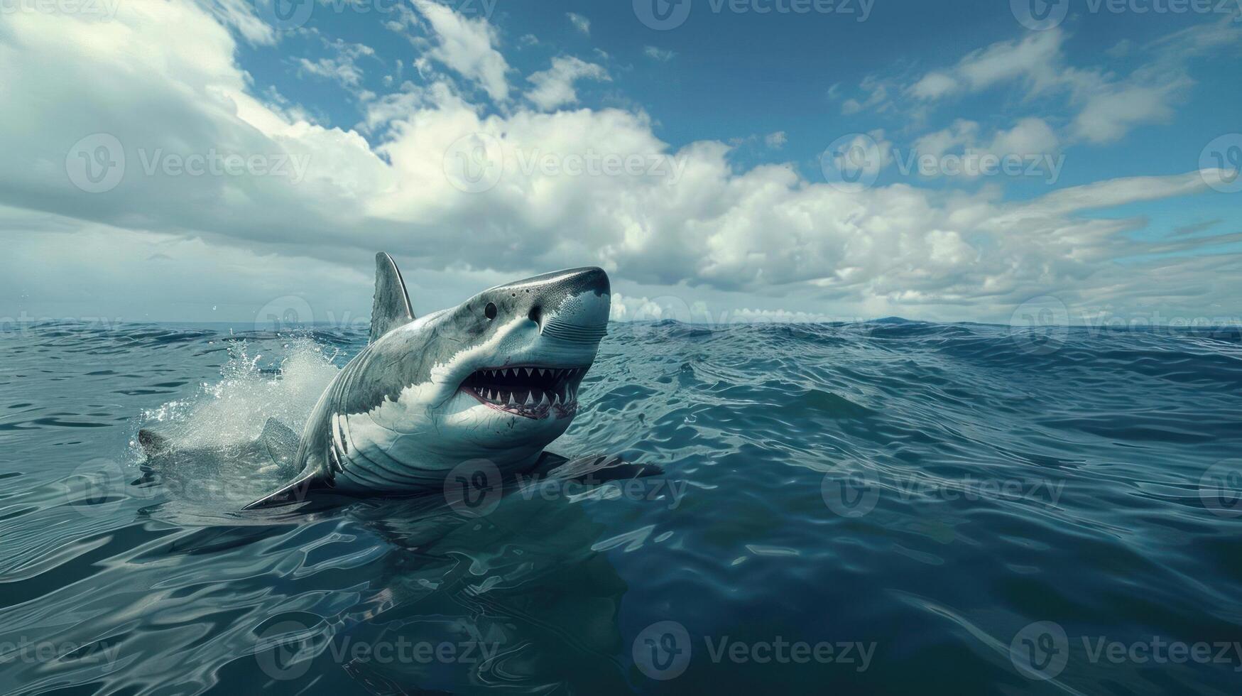 Shark swimming through the ocean, captured from a surface view. photo