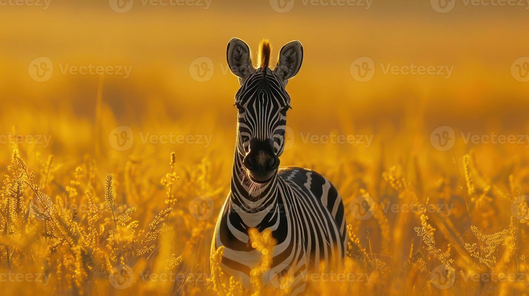 A zebra standing in a golden wheat field, looking to the side. photo
