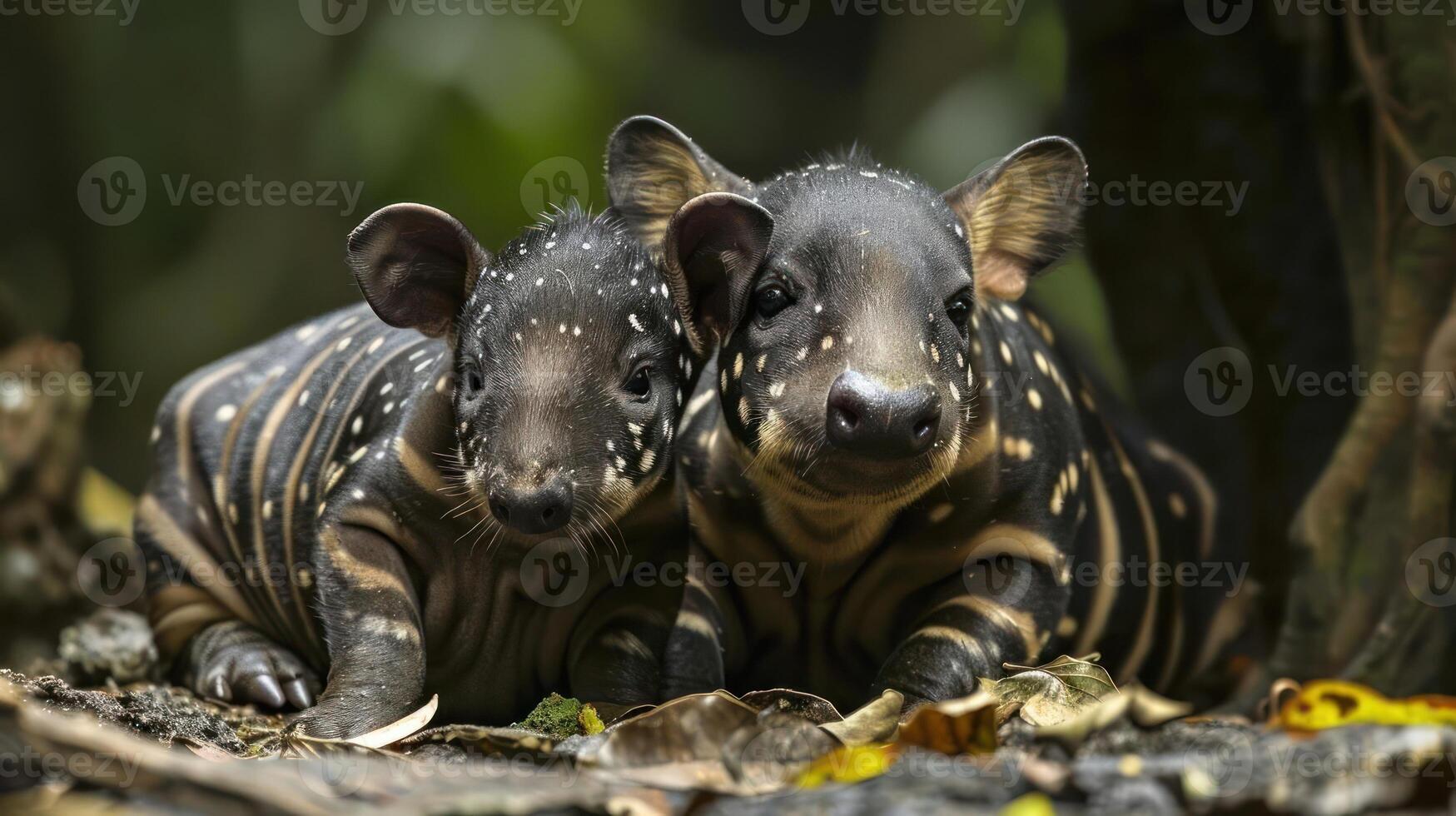 Two baby hippos playfully peeking over some fallen logs, surrounded by forest greenery. photo