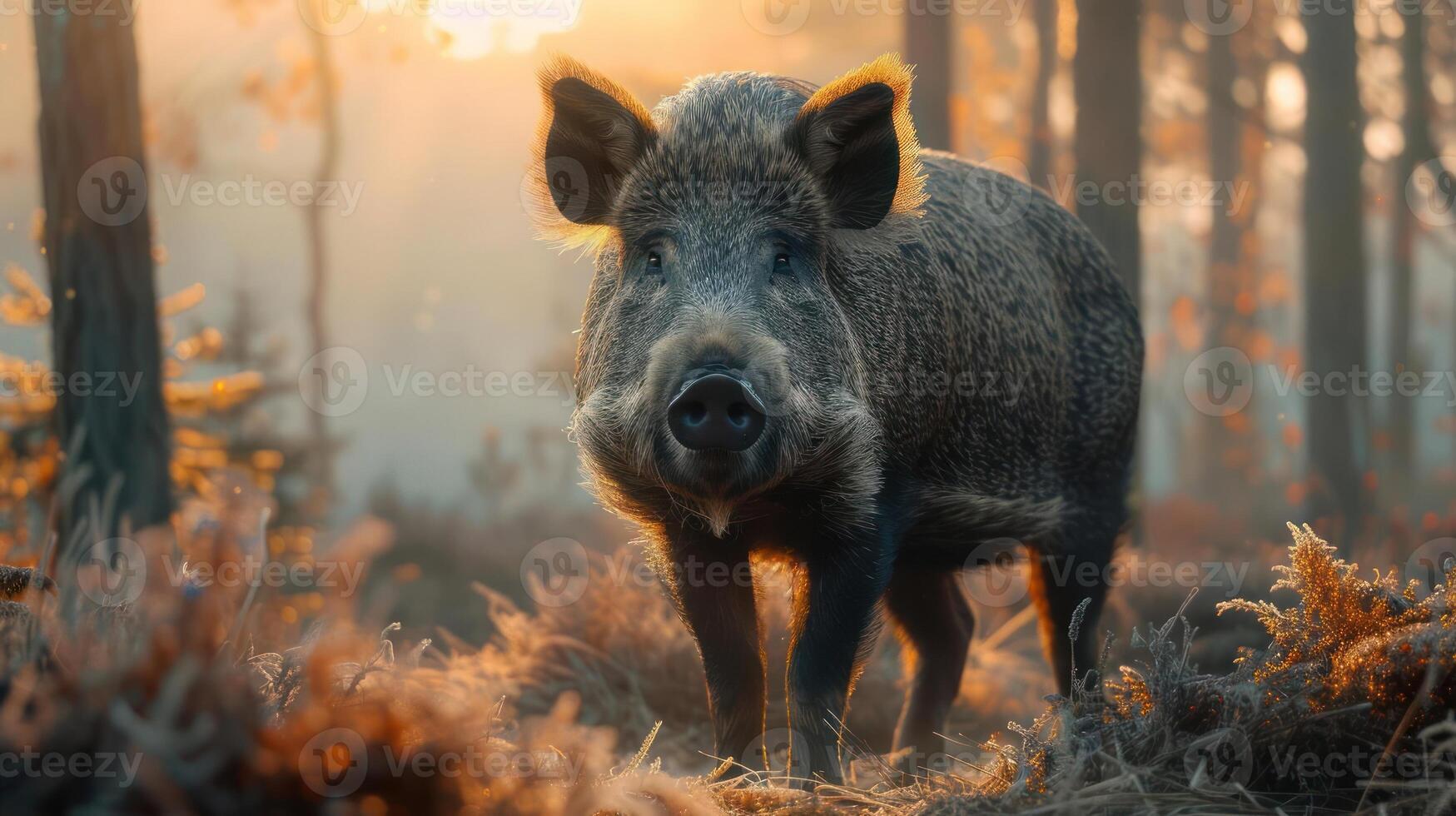 An image of a pig standing amidst nature during sunrise or sunset, with autumn foliage and a misty background. photo